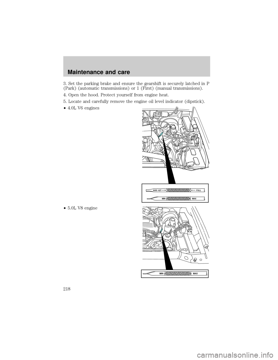 FORD EXPLORER 2000 2.G Owners Manual 3. Set the parking brake and ensure the gearshift is securely latched in P
(Park) (automatic transmissions) or 1 (First) (manual transmissions).
4. Open the hood. Protect yourself from engine heat.
5.