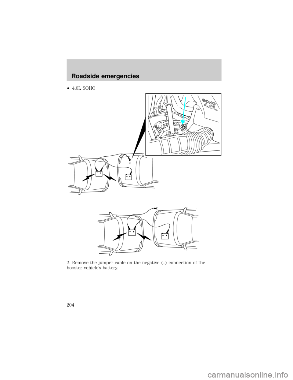FORD EXPLORER 2001 2.G Owners Manual ²4.0L SOHC
2. Remove the jumper cable on the negative (-) connection of the
booster vehicles battery.
+–+–
+–+–
Roadside emergencies
204 