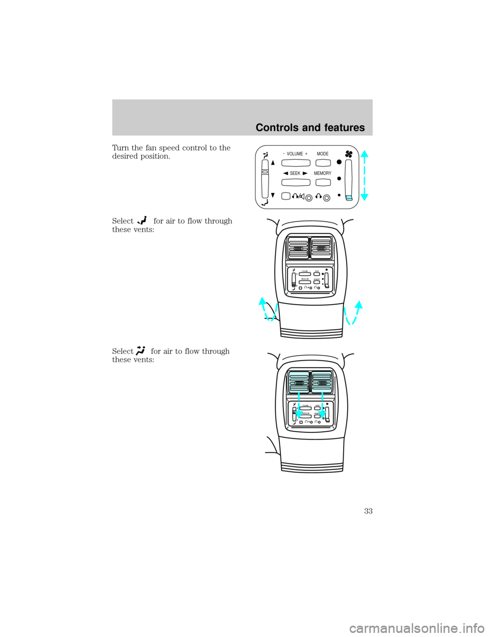 FORD EXPLORER 2001 2.G Owners Guide Turn the fan speed control to the
desired position.
Select
for air to flow through
these vents:
Select
for air to flow through
these vents:
-  VOLUME  +
MODE
SEEK MEMORY
SEEK–    VOLUME    + BAND
ME