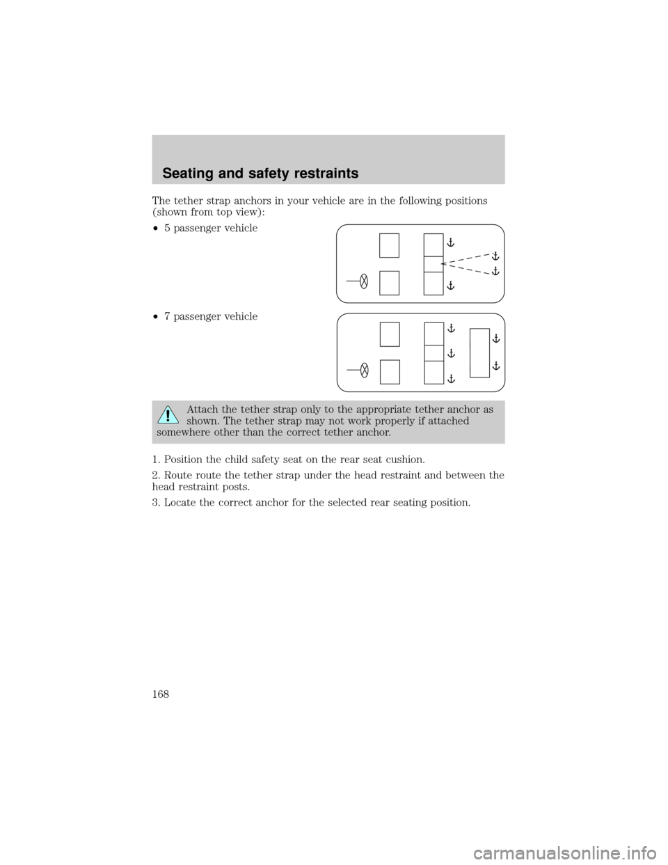 FORD EXPLORER 2002 3.G Service Manual The tether strap anchors in your vehicle are in the following positions
(shown from top view):
²5 passenger vehicle
²7 passenger vehicle
Attach the tether strap only to the appropriate tether anchor