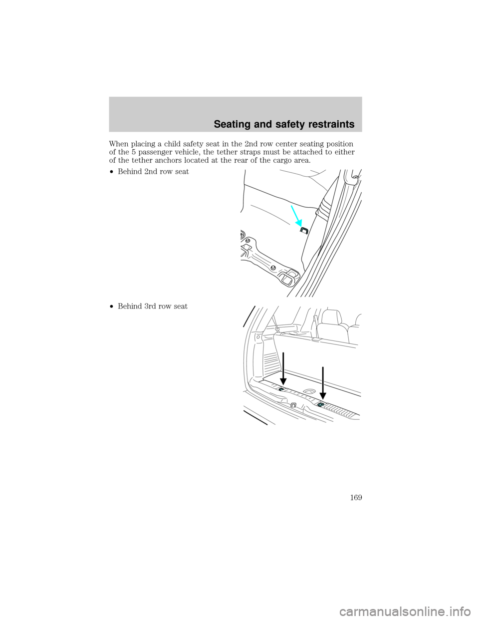 FORD EXPLORER 2002 3.G User Guide When placing a child safety seat in the 2nd row center seating position
of the 5 passenger vehicle, the tether straps must be attached to either
of the tether anchors located at the rear of the cargo 