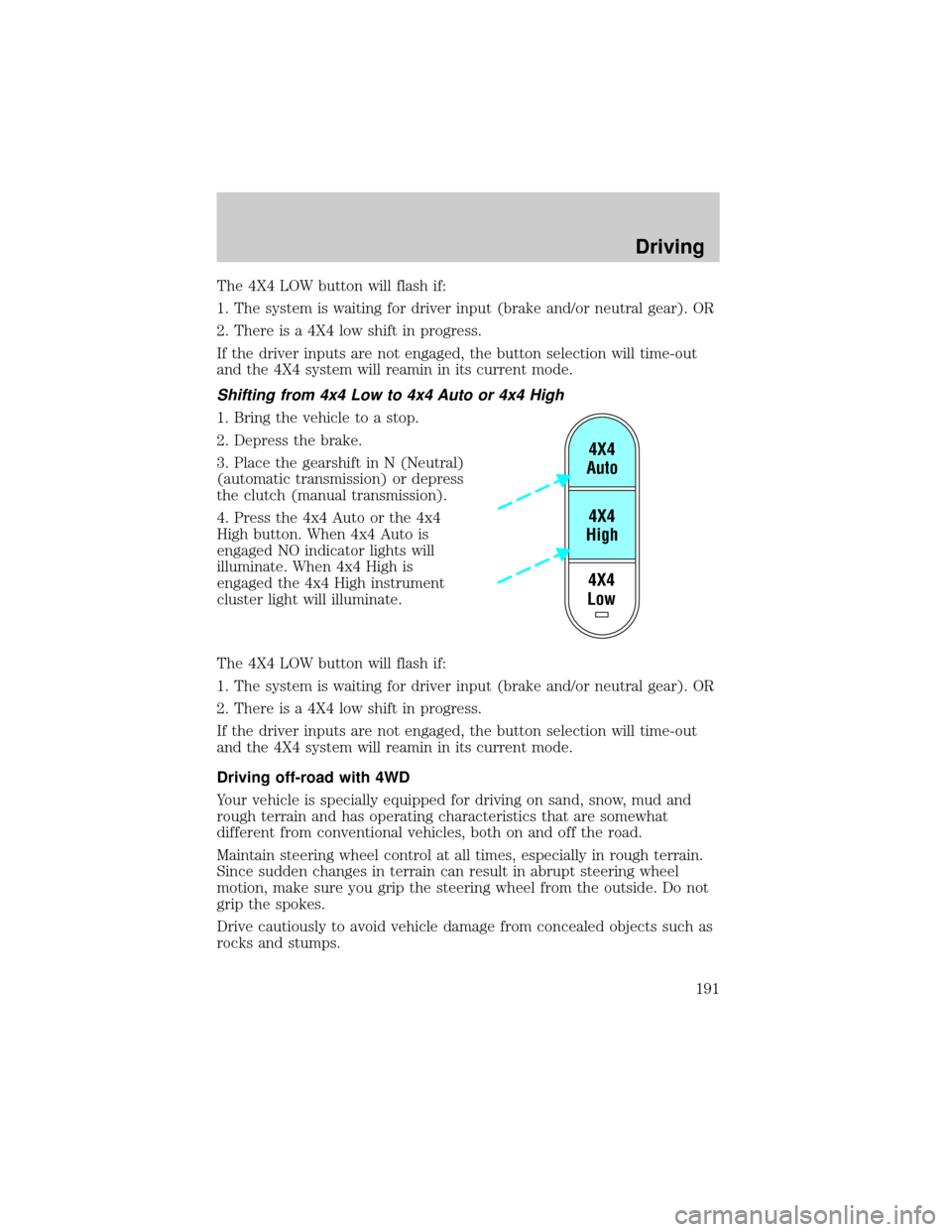 FORD EXPLORER 2002 3.G Owners Manual The 4X4 LOW button will flash if:
1. The system is waiting for driver input (brake and/or neutral gear). OR
2. There is a 4X4 low shift in progress.
If the driver inputs are not engaged, the button se