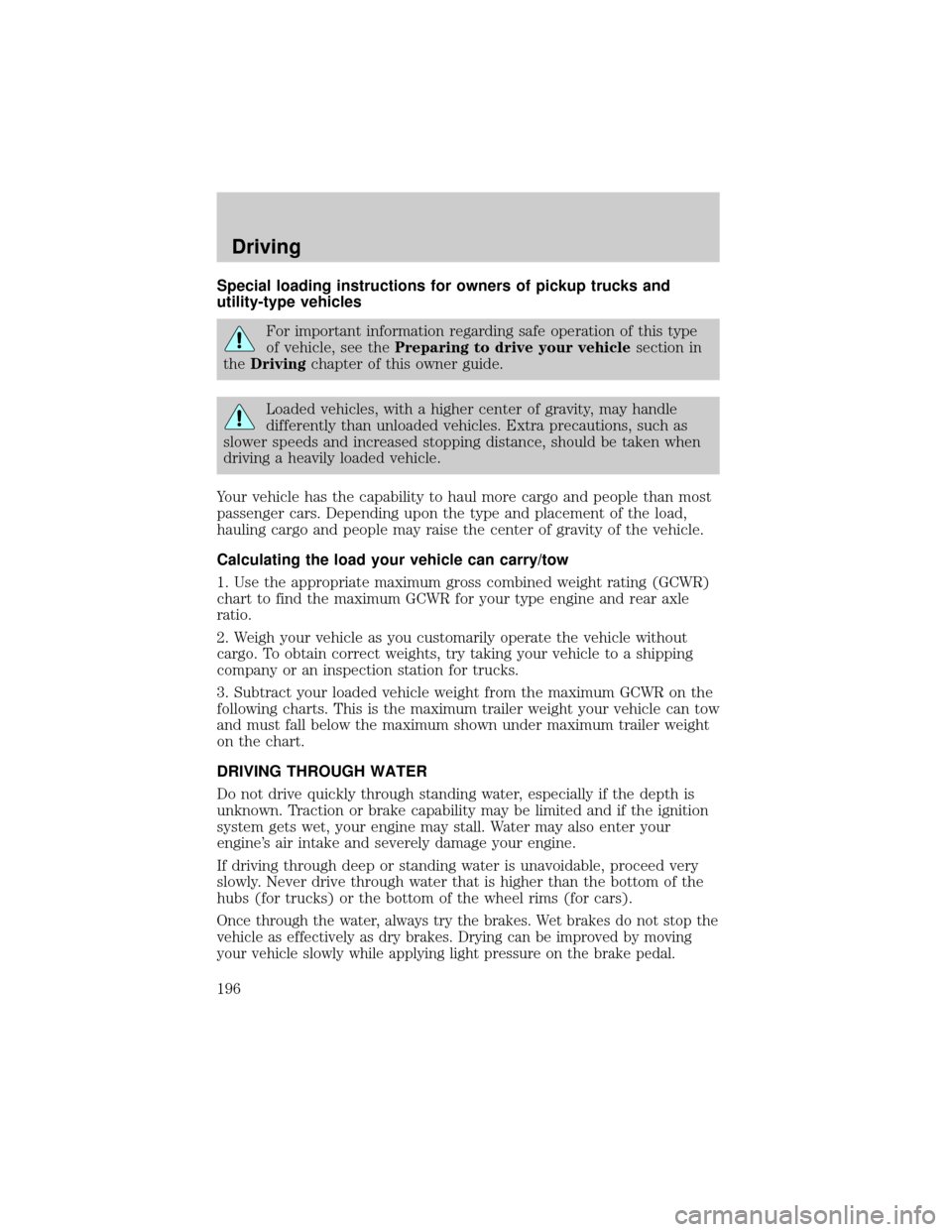 FORD EXPLORER 2002 3.G Owners Manual Special loading instructions for owners of pickup trucks and
utility-type vehicles
For important information regarding safe operation of this type
of vehicle, see thePreparing to drive your vehiclesec