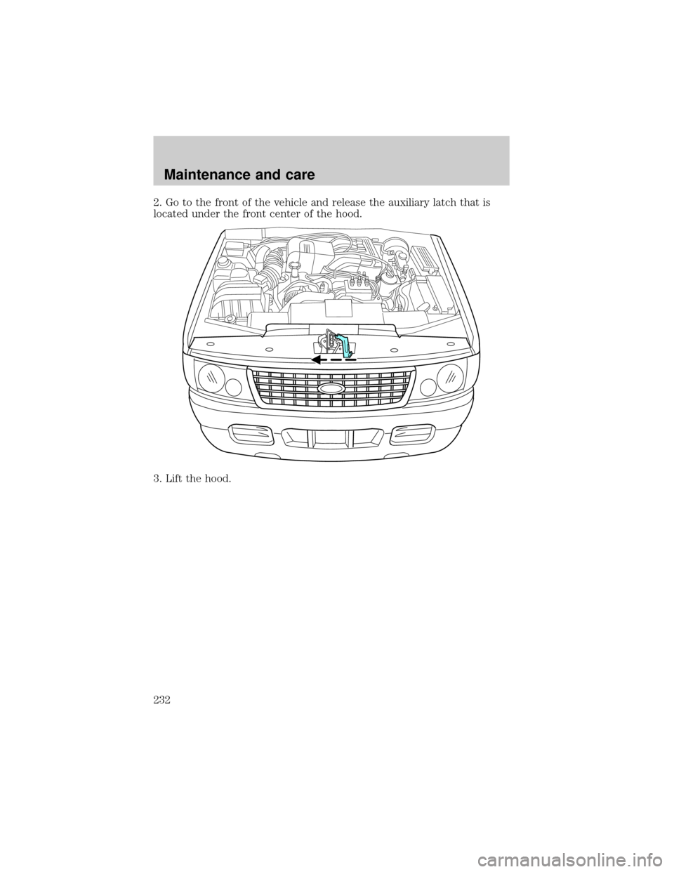 FORD EXPLORER 2002 3.G Owners Manual 2. Go to the front of the vehicle and release the auxiliary latch that is
located under the front center of the hood.
3. Lift the hood.
Maintenance and care
232 
