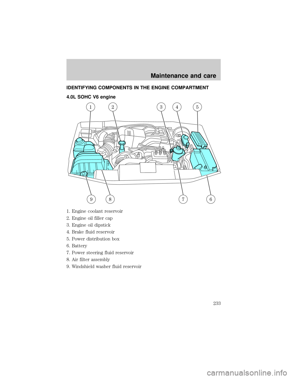 FORD EXPLORER 2002 3.G Owners Manual IDENTIFYING COMPONENTS IN THE ENGINE COMPARTMENT
4.0L SOHC V6 engine
1. Engine coolant reservoir
2. Engine oil filler cap
3. Engine oil dipstick
4. Brake fluid reservoir
5. Power distribution box
6. B