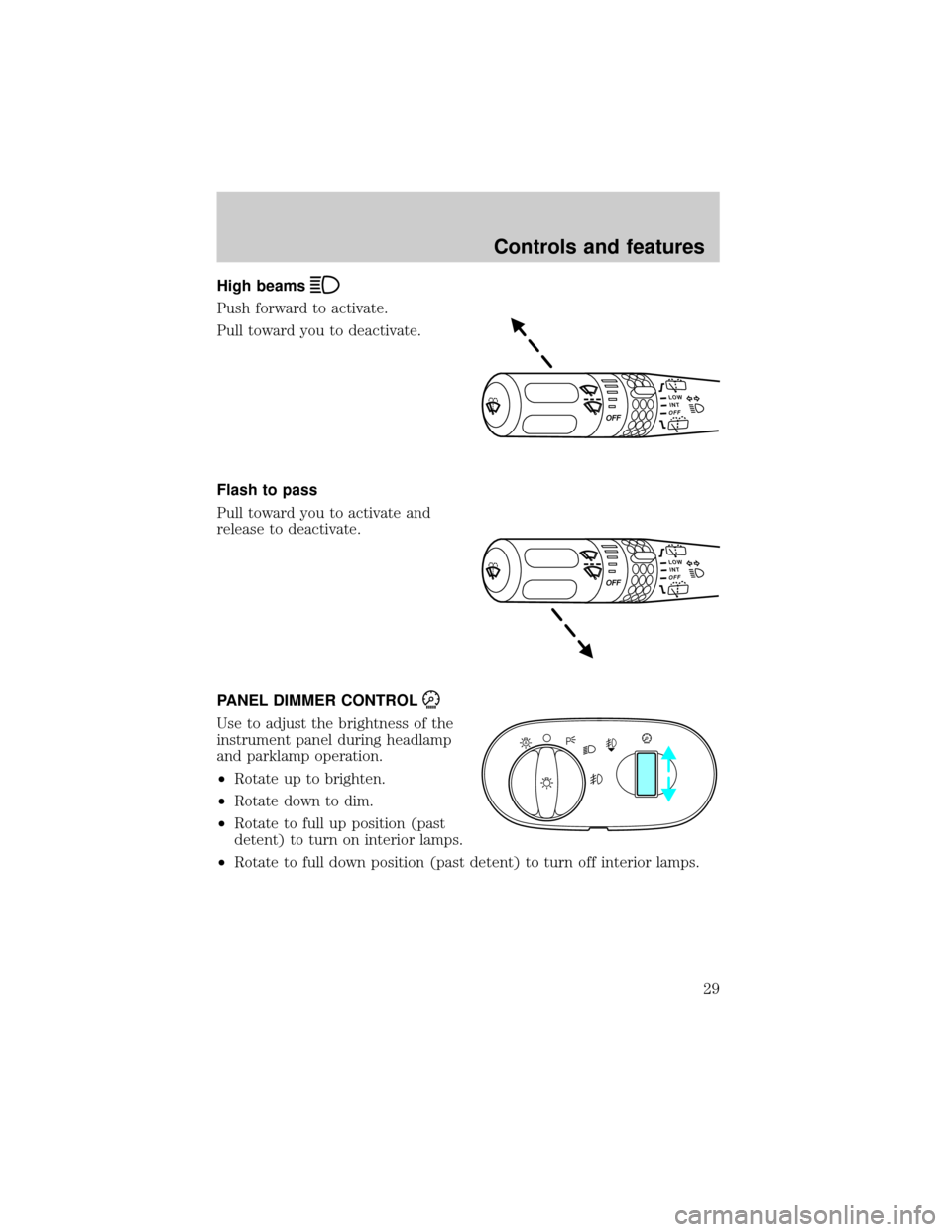FORD EXPLORER 2002 3.G Owners Manual High beams
Push forward to activate.
Pull toward you to deactivate.
Flash to pass
Pull toward you to activate and
release to deactivate.
PANEL DIMMER CONTROL
Use to adjust the brightness of the
instru FORD EXPLORER 2002 3.G Owners Manual High beams
Push forward to activate.
Pull toward you to deactivate.
Flash to pass
Pull toward you to activate and
release to deactivate.
PANEL DIMMER CONTROL
Use to adjust the brightness of the
instru
