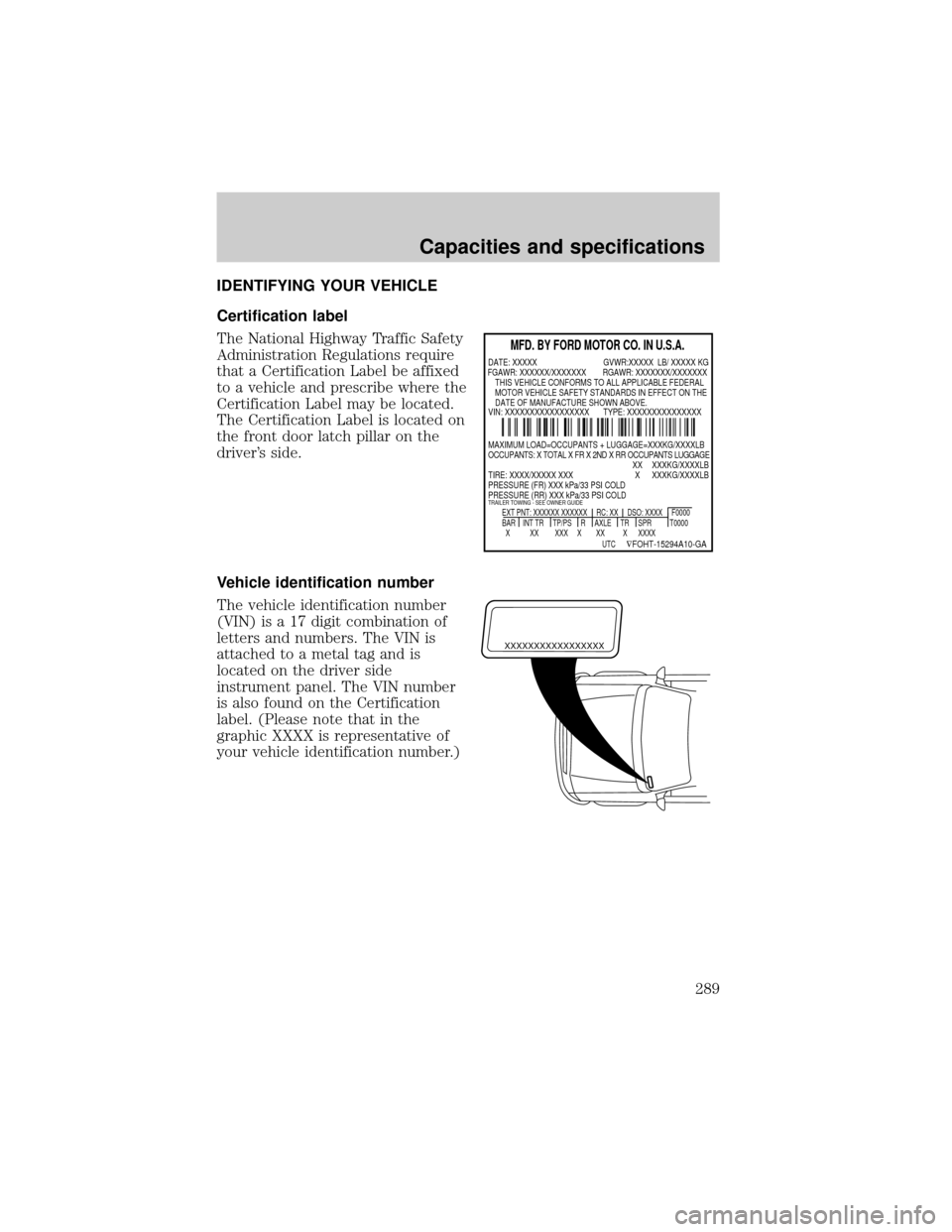 FORD EXPLORER 2002 3.G Owners Manual IDENTIFYING YOUR VEHICLE
Certification label
The National Highway Traffic Safety
Administration Regulations require
that a Certification Label be affixed
to a vehicle and prescribe where the
Certifica