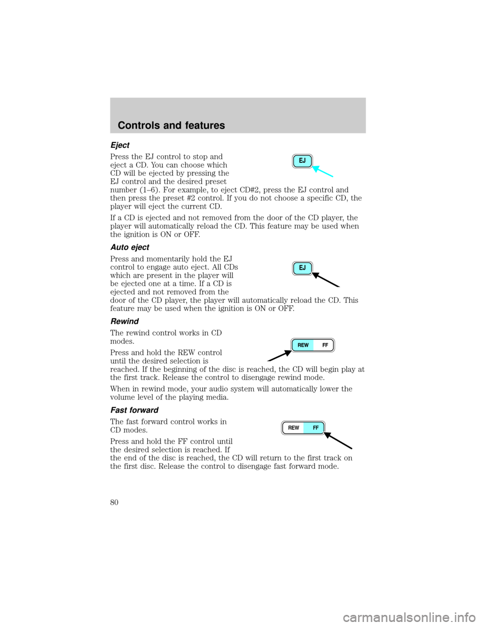 FORD EXPLORER 2002 3.G Manual PDF Eject
Press the EJ control to stop and
eject a CD. You can choose which
CD will be ejected by pressing the
EJ control and the desired preset
number (1±6). For example, to eject CD#2, press the EJ con FORD EXPLORER 2002 3.G Manual PDF Eject
Press the EJ control to stop and
eject a CD. You can choose which
CD will be ejected by pressing the
EJ control and the desired preset
number (1±6). For example, to eject CD#2, press the EJ con
