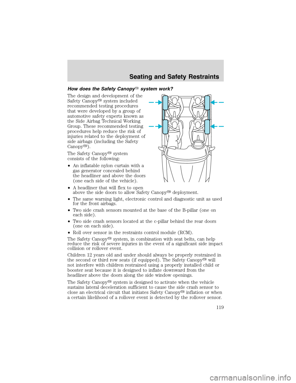 FORD EXPLORER 2003 3.G Owners Manual How does the Safety Canopysystem work?
The design and development of the
Safety Canopysystem included
recommended testing procedures
that were developed by a group of
automotive safety experts known