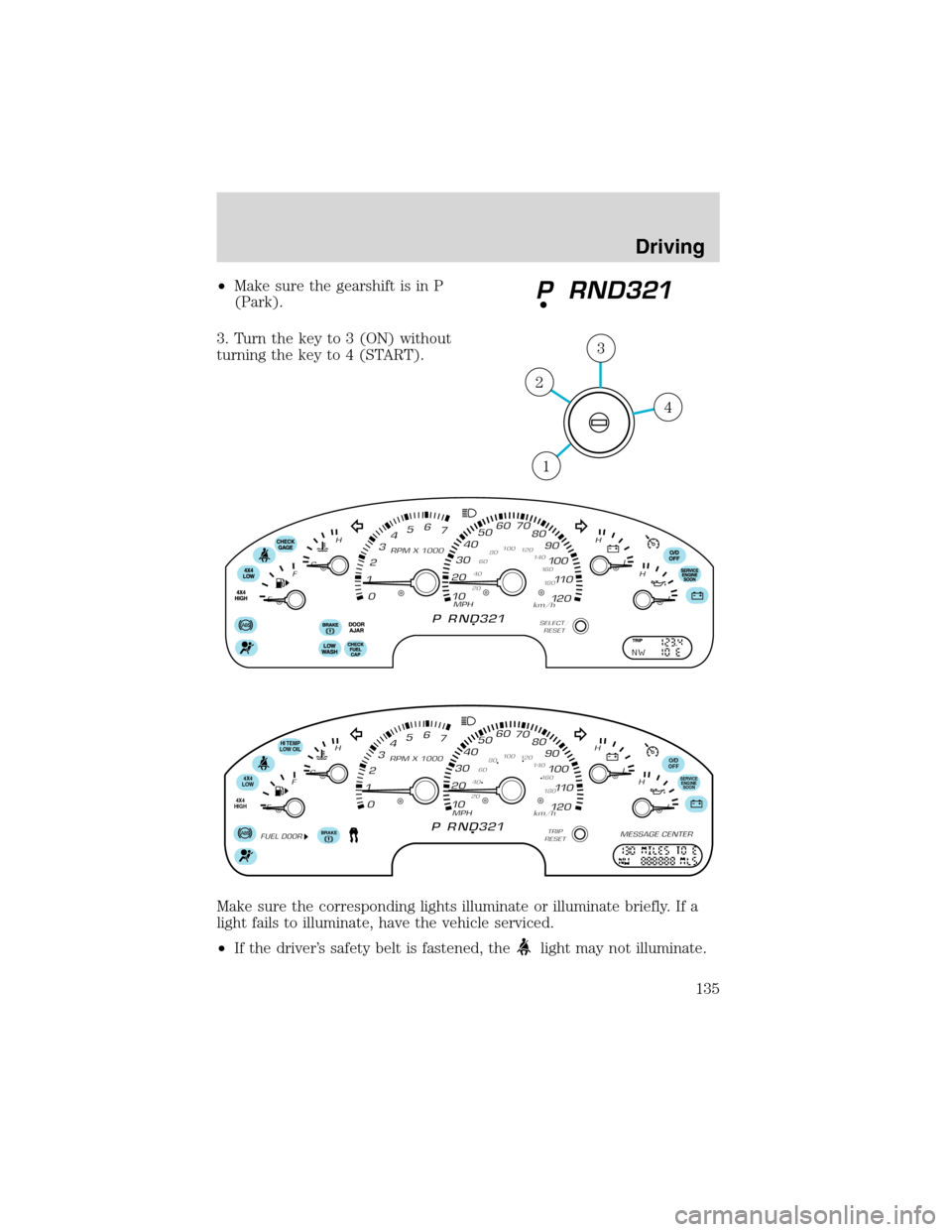 FORD EXPLORER 2003 3.G Owners Manual •Make sure the gearshift is in P
(Park).
3. Turn the key to 3 (ON) without
turning the key to 4 (START).
Make sure the corresponding lights illuminate or illuminate briefly. If a
light fails to illu