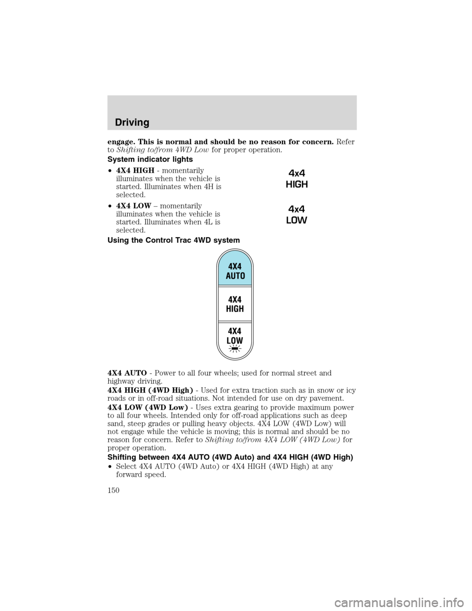 FORD EXPLORER 2003 3.G Owners Manual engage. This is normal and should be no reason for concern.Refer
toShifting to/from 4WD Lowfor proper operation.
System indicator lights
•4X4 HIGH- momentarily
illuminates when the vehicle is
starte