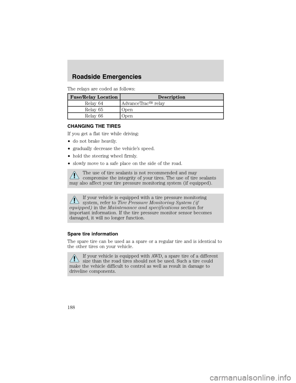 FORD EXPLORER 2003 3.G Owners Manual The relays are coded as follows:
Fuse/Relay Location Description
Relay 64 AdvanceTracrelay
Relay 65 Open
Relay 66 Open
CHANGING THE TIRES
If you get a flat tire while driving:
•do not brake heavily