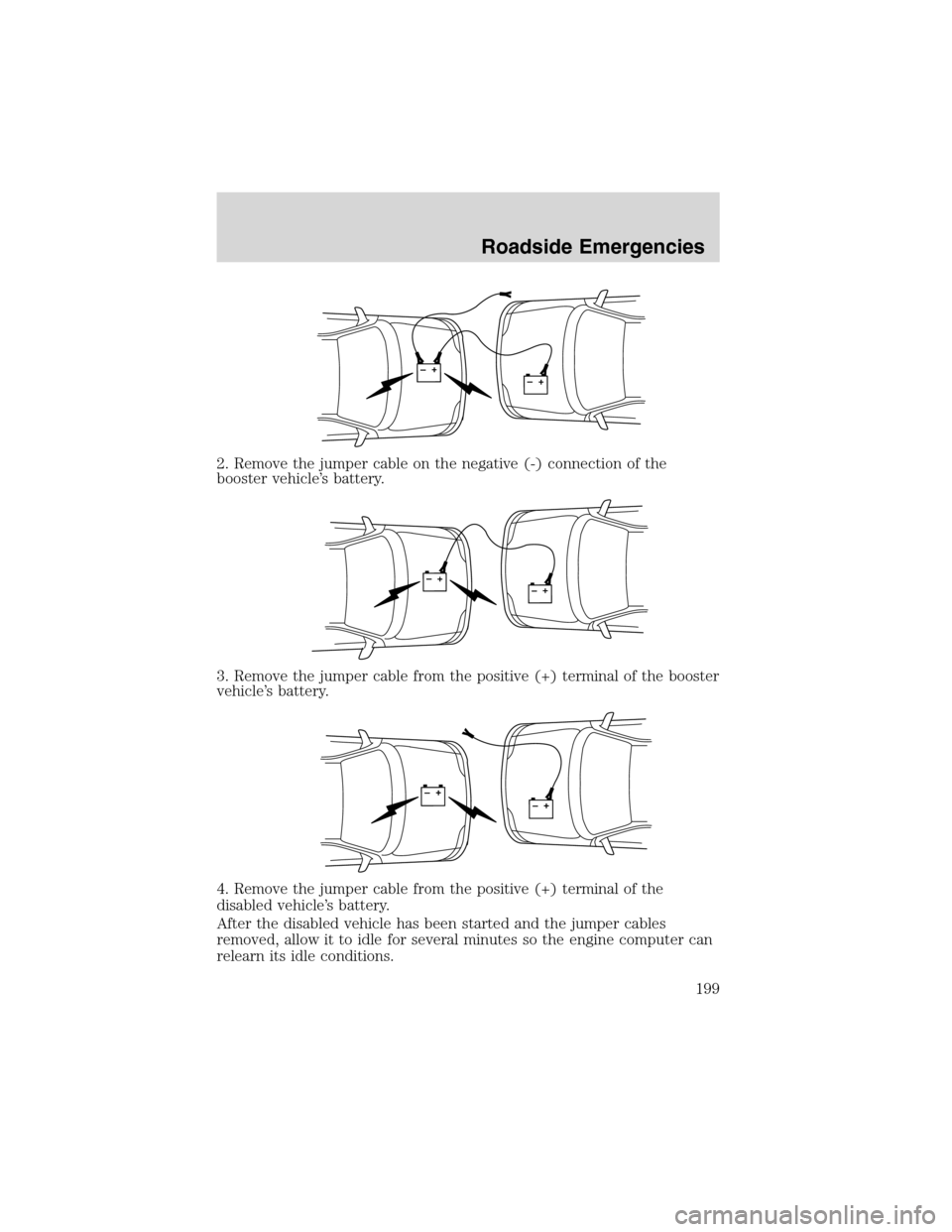 FORD EXPLORER 2003 3.G Owners Manual 2. Remove the jumper cable on the negative (-) connection of the
booster vehicle’s battery.
3. Remove the jumper cable from the positive (+) terminal of the booster
vehicle’s battery.
4. Remove th FORD EXPLORER 2003 3.G Owners Manual 2. Remove the jumper cable on the negative (-) connection of the
booster vehicle’s battery.
3. Remove the jumper cable from the positive (+) terminal of the booster
vehicle’s battery.
4. Remove th