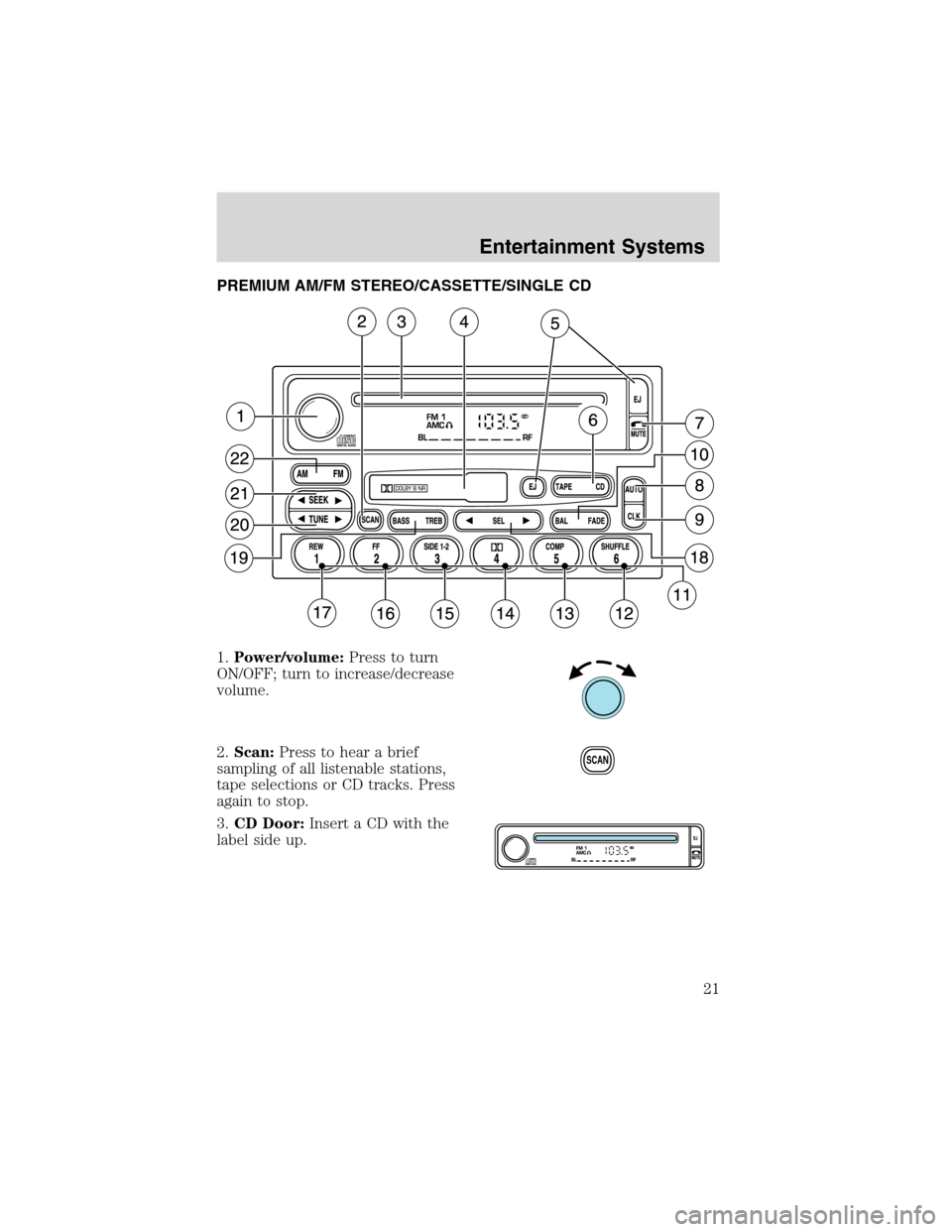 FORD EXPLORER 2003 3.G Owners Manual PREMIUM AM/FM STEREO/CASSETTE/SINGLE CD
1.Power/volume:Press to turn
ON/OFF; turn to increase/decrease
volume.
2.Scan:Press to hear a brief
sampling of all listenable stations,
tape selections or CD t FORD EXPLORER 2003 3.G Owners Manual PREMIUM AM/FM STEREO/CASSETTE/SINGLE CD
1.Power/volume:Press to turn
ON/OFF; turn to increase/decrease
volume.
2.Scan:Press to hear a brief
sampling of all listenable stations,
tape selections or CD t