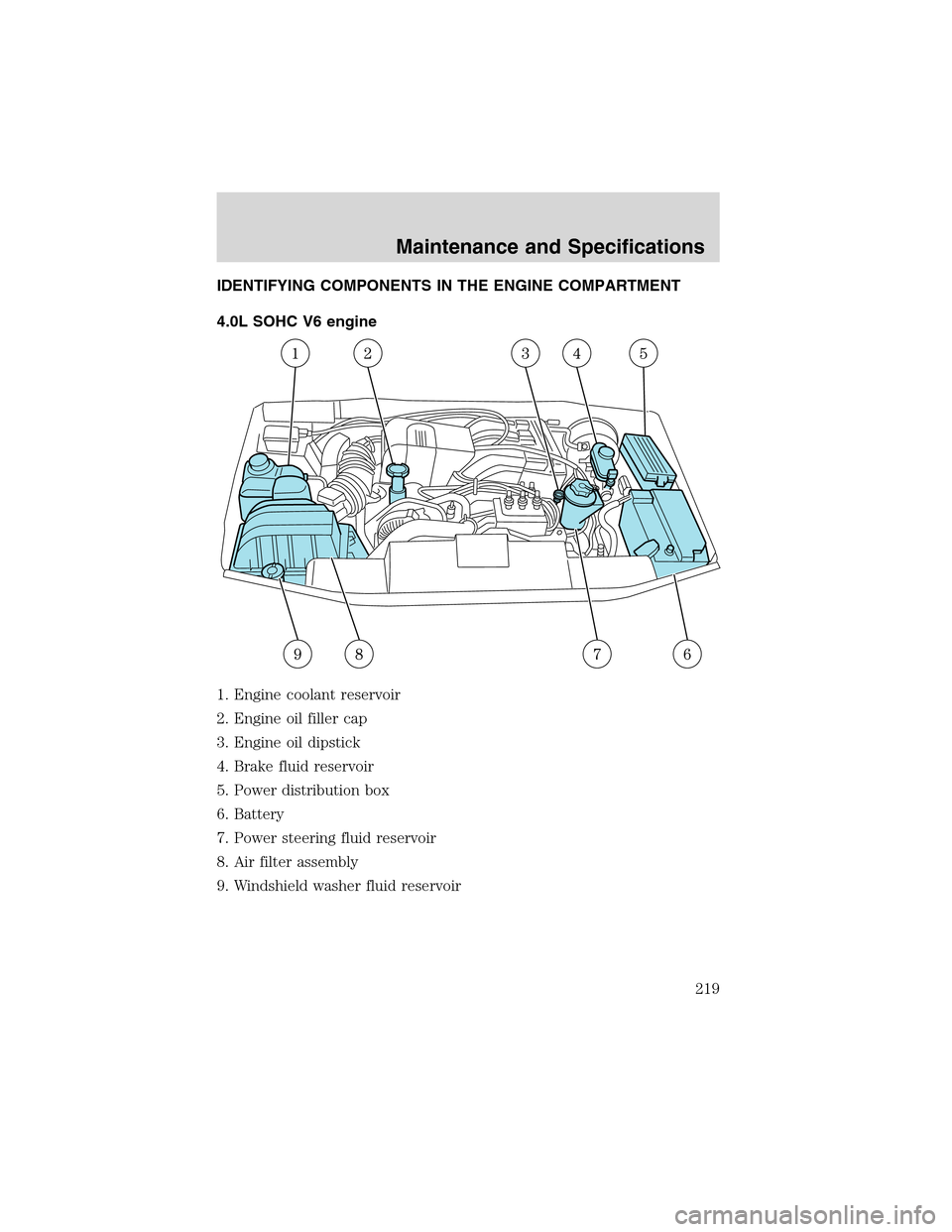 FORD EXPLORER 2003 3.G Owners Manual IDENTIFYING COMPONENTS IN THE ENGINE COMPARTMENT
4.0L SOHC V6 engine
1. Engine coolant reservoir
2. Engine oil filler cap
3. Engine oil dipstick
4. Brake fluid reservoir
5. Power distribution box
6. B