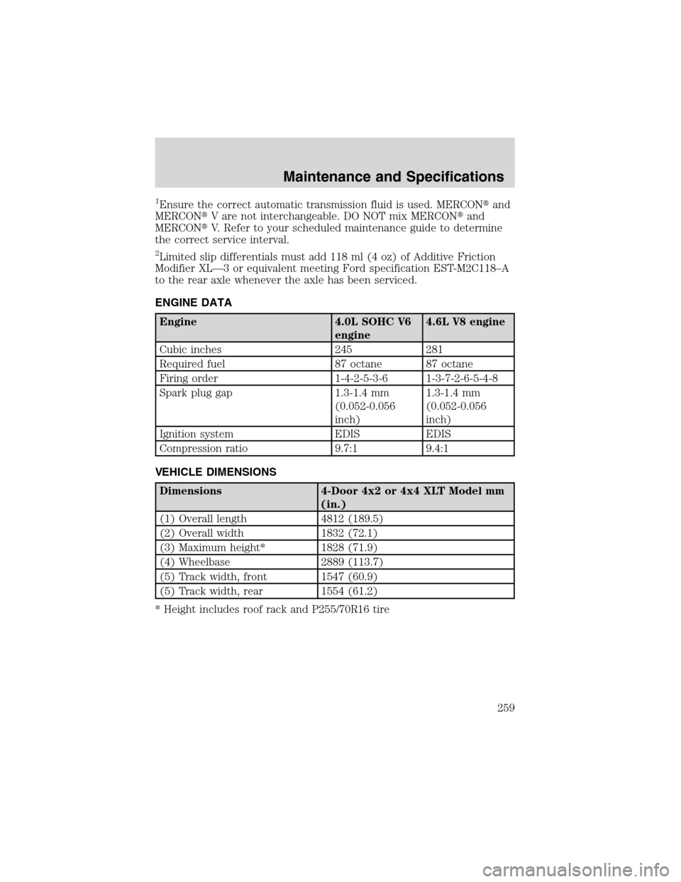 FORD EXPLORER 2003 3.G Owners Manual 1Ensure the correct automatic transmission fluid is used. MERCONand
MERCONV are not interchangeable. DO NOT mix MERCONand
MERCONV. Refer to your scheduled maintenance guide to determine
the correc