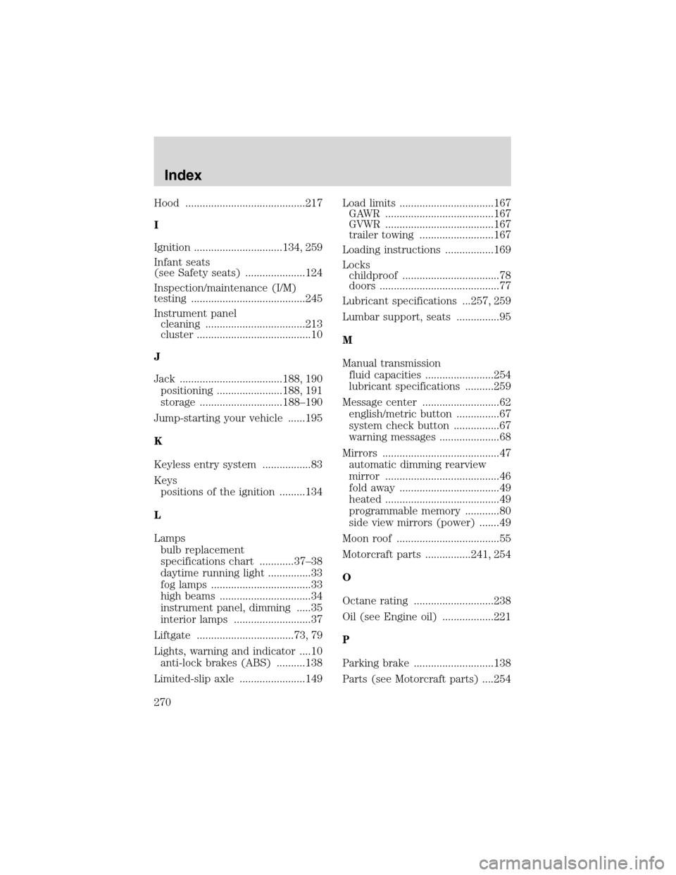 FORD EXPLORER 2003 3.G Owners Manual Hood ..........................................217
I
Ignition ...............................134, 259
Infant seats
(see Safety seats) .....................124
Inspection/maintenance (I/M)
testing ....