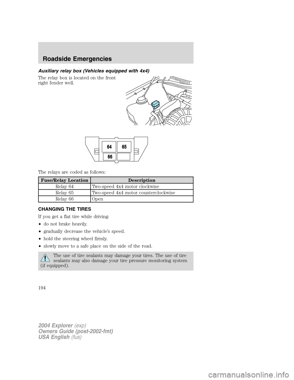 FORD EXPLORER 2004 3.G Owners Manual Auxiliary relay box (Vehicles equipped with 4x4)
The relay box is located on the front
right fender well.
The relays are coded as follows:
Fuse/Relay Location Description
Relay 64 Two-speed 4x4 motor 