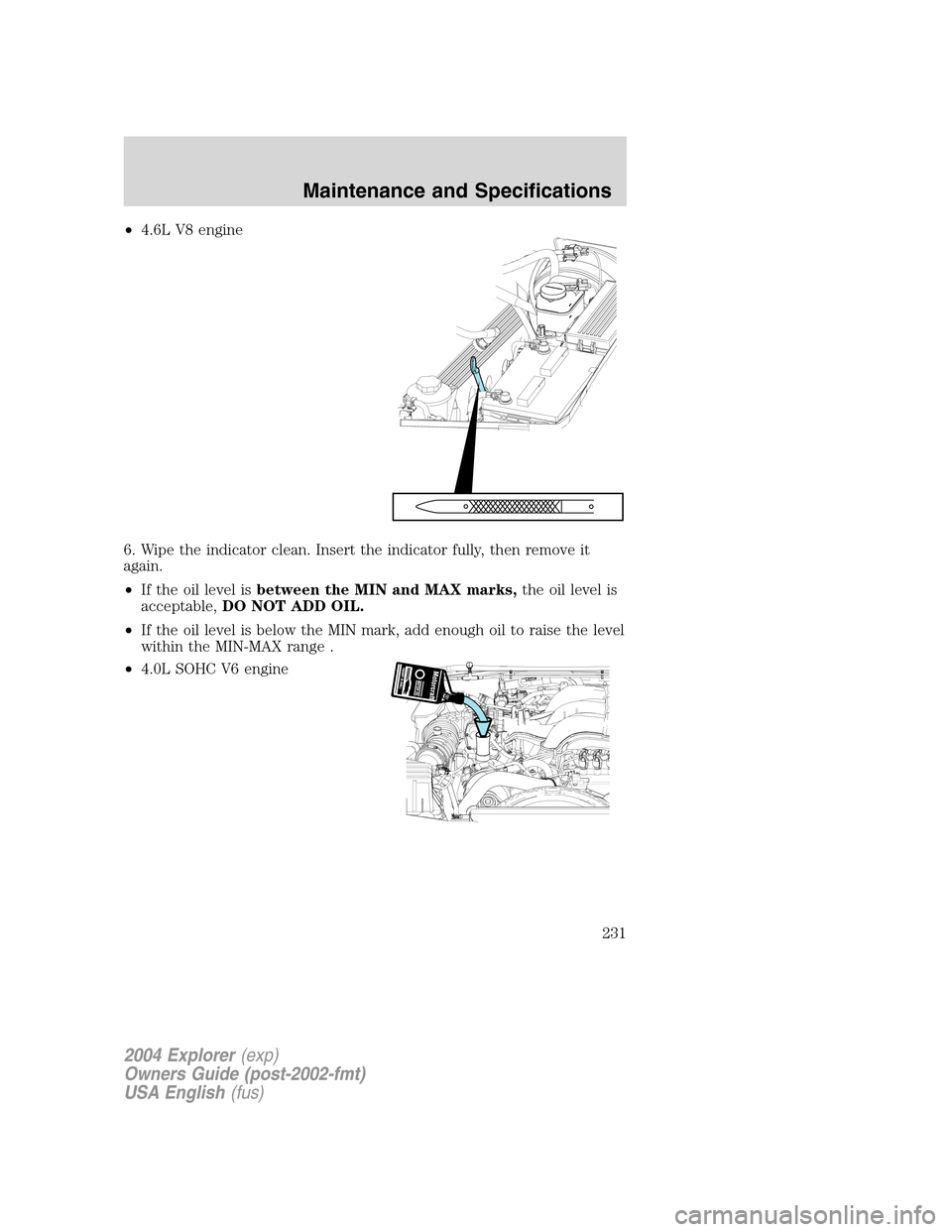 FORD EXPLORER 2004 3.G Owners Manual •4.6L V8 engine
6. Wipe the indicator clean. Insert the indicator fully, then remove it
again.
•If the oil level isbetween the MIN and MAX marks,the oil level is
acceptable,DO NOT ADD OIL.
•If t FORD EXPLORER 2004 3.G Owners Manual •4.6L V8 engine
6. Wipe the indicator clean. Insert the indicator fully, then remove it
again.
•If the oil level isbetween the MIN and MAX marks,the oil level is
acceptable,DO NOT ADD OIL.
•If t