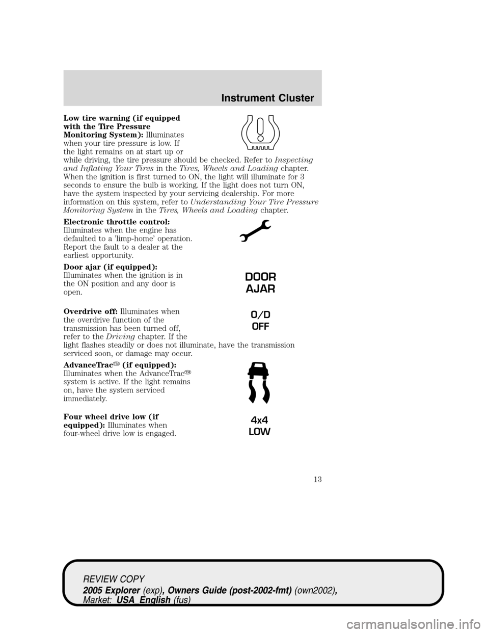 FORD EXPLORER 2005 3.G Owners Manual Low tire warning (if equipped
with the Tire Pressure
Monitoring System):Illuminates
when your tire pressure is low. If
the light remains on at start up or
while driving, the tire pressure should be ch