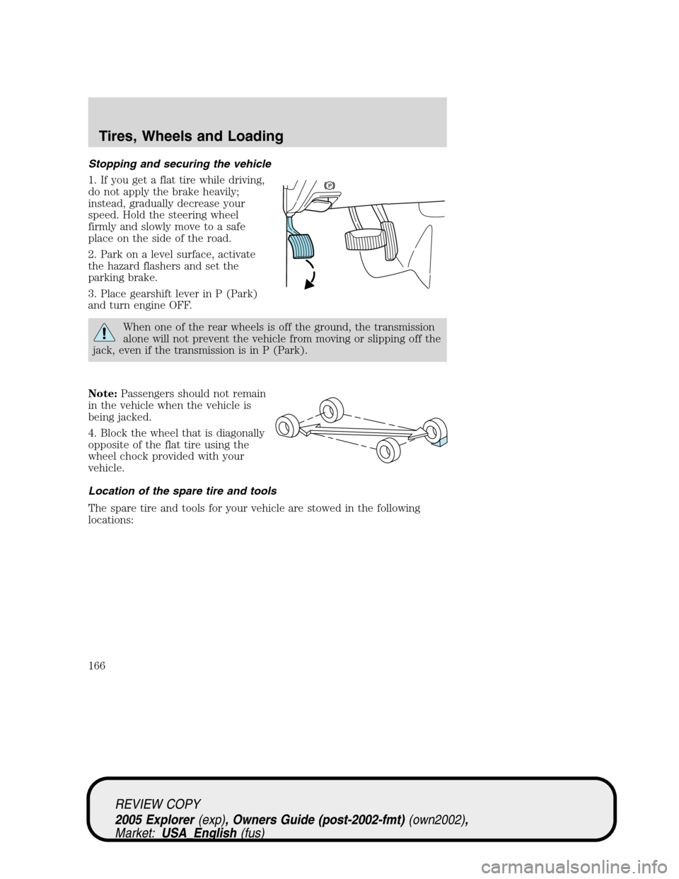 FORD EXPLORER 2005 3.G Owners Manual Stopping and securing the vehicle
1. If you get a flat tire while driving,
do not apply the brake heavily;
instead, gradually decrease your
speed. Hold the steering wheel
firmly and slowly move to a s