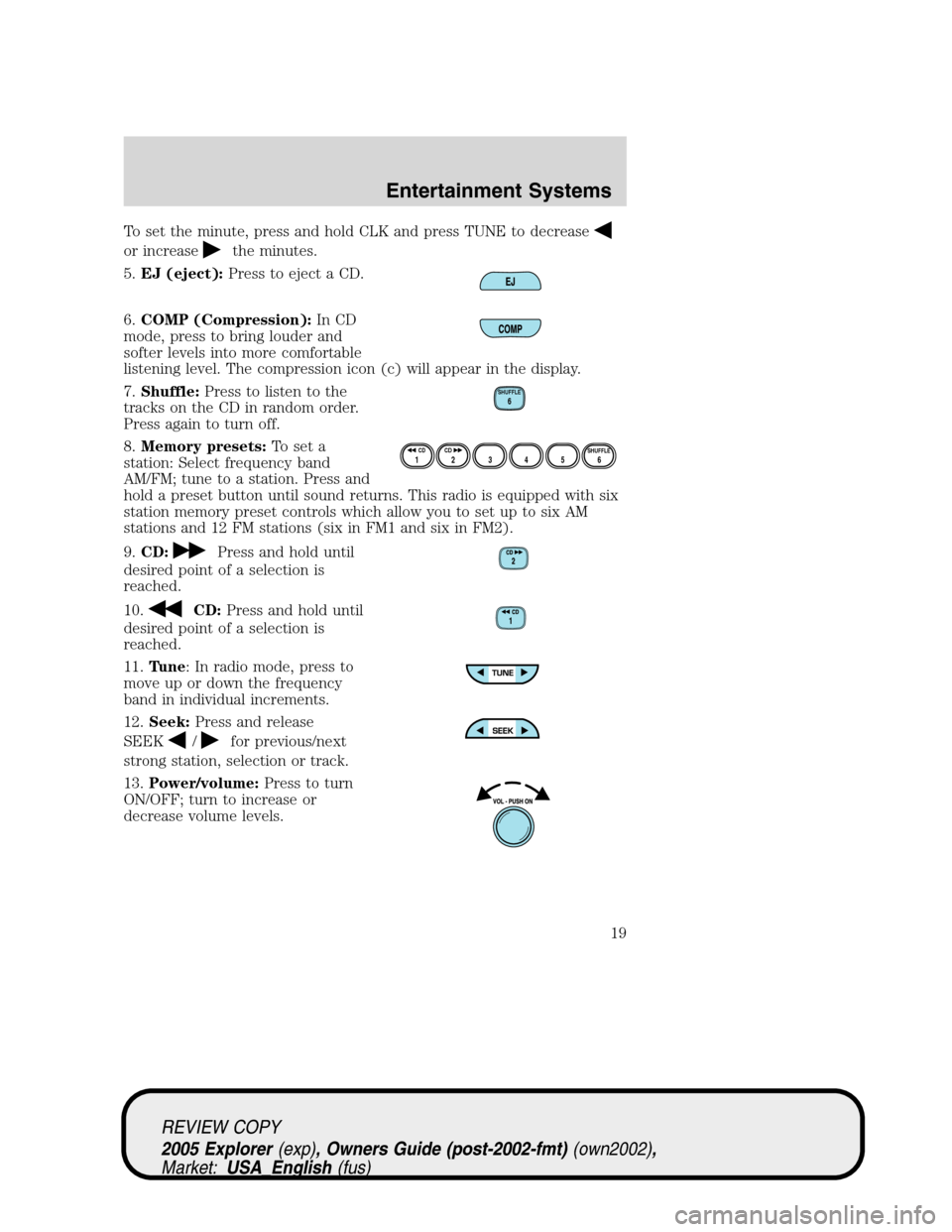 FORD EXPLORER 2005 3.G User Guide To set the minute, press and hold CLK and press TUNE to decrease
or increasethe minutes.
5.EJ (eject):Press to eject a CD.
6.COMP (Compression):In CD
mode, press to bring louder and
softer levels into FORD EXPLORER 2005 3.G User Guide To set the minute, press and hold CLK and press TUNE to decrease
or increasethe minutes.
5.EJ (eject):Press to eject a CD.
6.COMP (Compression):In CD
mode, press to bring louder and
softer levels into