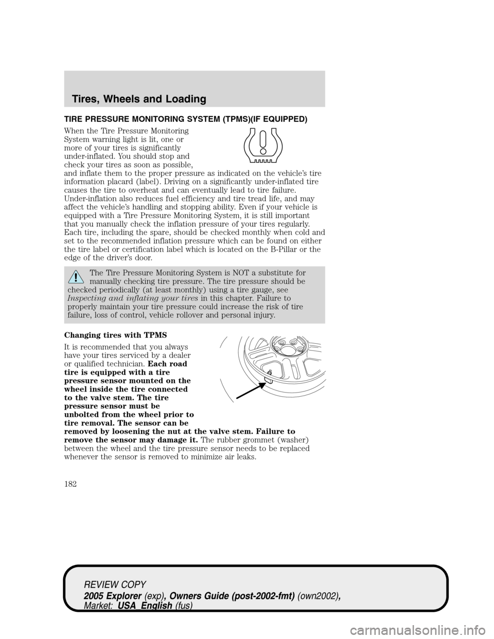 FORD EXPLORER 2005 3.G Owners Manual TIRE PRESSURE MONITORING SYSTEM (TPMS)(IF EQUIPPED)
When the Tire Pressure Monitoring
System warning light is lit, one or
more of your tires is significantly
under-inflated. You should stop and
check 