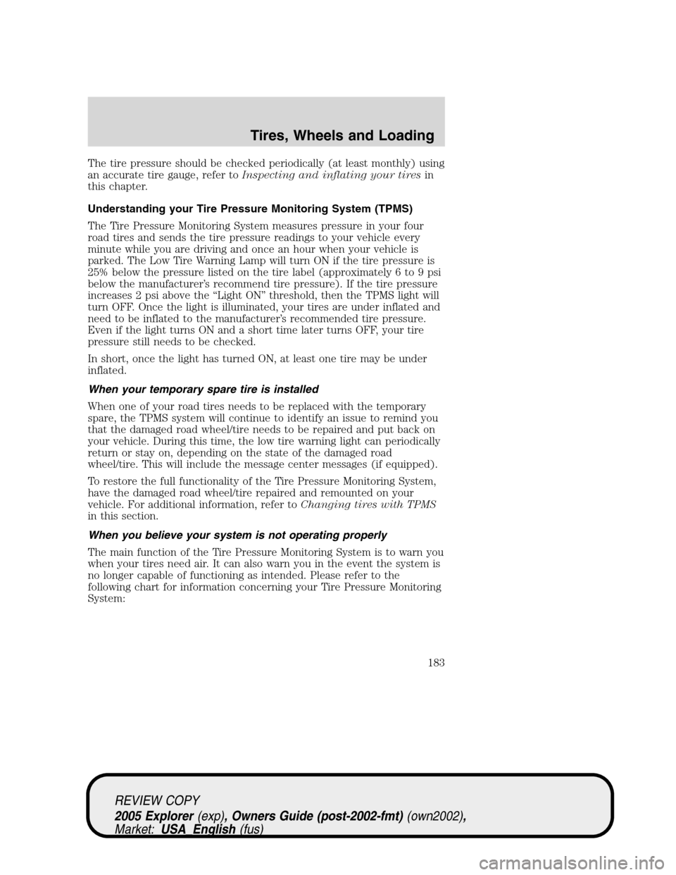 FORD EXPLORER 2005 3.G Owners Manual The tire pressure should be checked periodically (at least monthly) using
an accurate tire gauge, refer toInspecting and inflating your tiresin
this chapter.
Understanding your Tire Pressure Monitorin FORD EXPLORER 2005 3.G Owners Manual The tire pressure should be checked periodically (at least monthly) using
an accurate tire gauge, refer toInspecting and inflating your tiresin
this chapter.
Understanding your Tire Pressure Monitorin