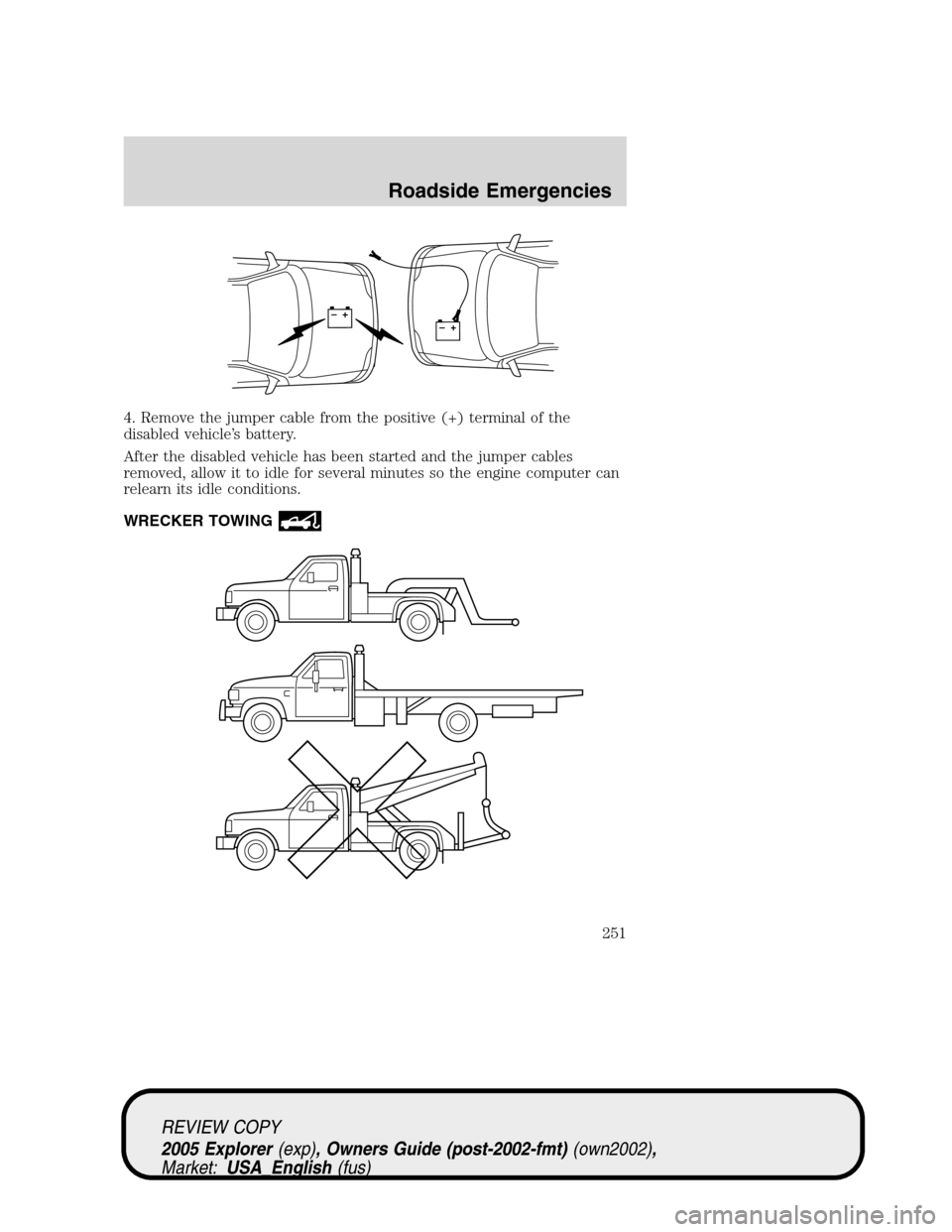 FORD EXPLORER 2005 3.G Owners Manual 4. Remove the jumper cable from the positive (+) terminal of the
disabled vehicle’s battery.
After the disabled vehicle has been started and the jumper cables
removed, allow it to idle for several m