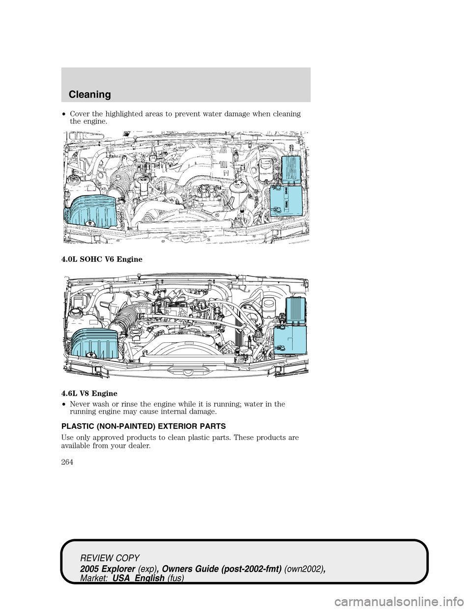 FORD EXPLORER 2005 3.G Owners Manual •Cover the highlighted areas to prevent water damage when cleaning
the engine.
4.0L SOHC V6 Engine
4.6L V8 Engine
•Never wash or rinse the engine while it is running; water in the
running engine m FORD EXPLORER 2005 3.G Owners Manual •Cover the highlighted areas to prevent water damage when cleaning
the engine.
4.0L SOHC V6 Engine
4.6L V8 Engine
•Never wash or rinse the engine while it is running; water in the
running engine m