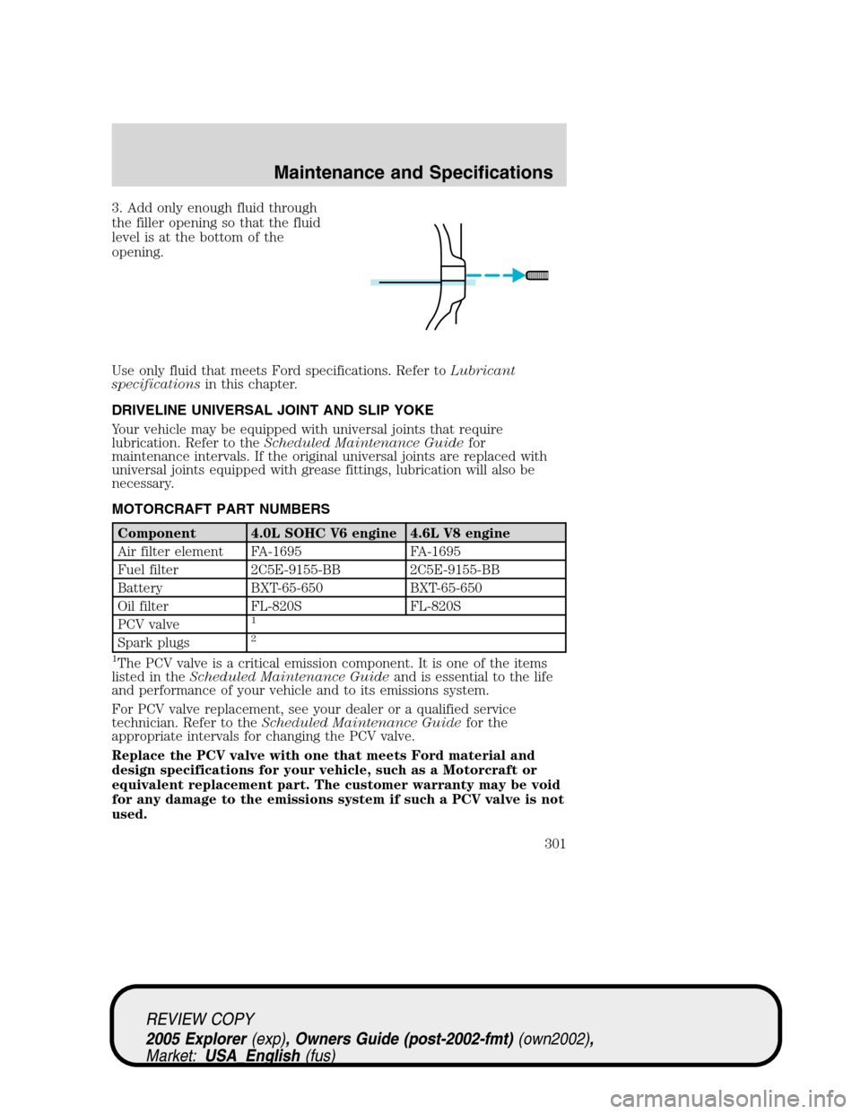 FORD EXPLORER 2005 3.G Owners Manual 3. Add only enough fluid through
the filler opening so that the fluid
level is at the bottom of the
opening.
Use only fluid that meets Ford specifications. Refer toLubricant
specificationsin this chap