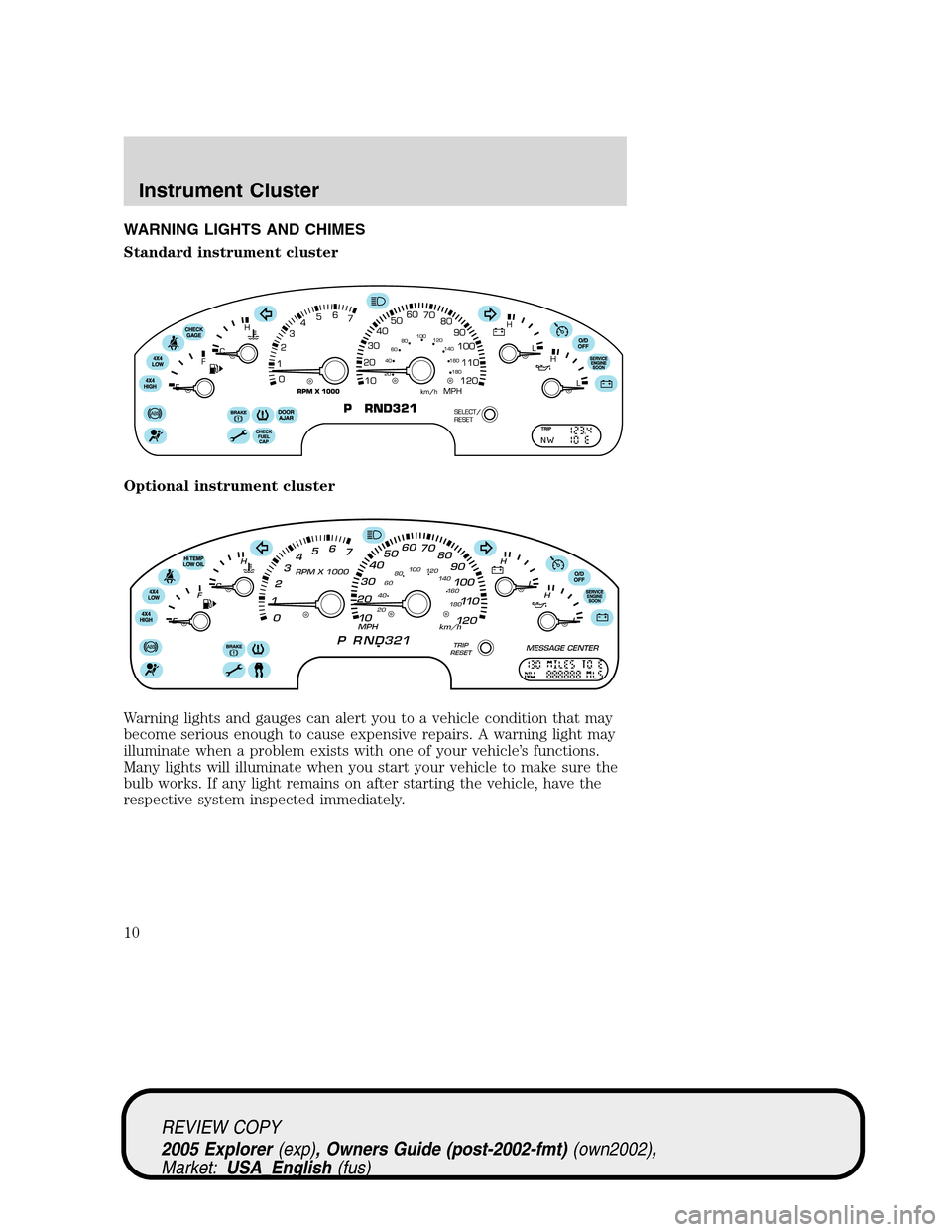 FORD EXPLORER 2005 3.G Owners Manual WARNING LIGHTS AND CHIMES
Standard instrument cluster
Optional instrument cluster
Warning lights and gauges can alert you to a vehicle condition that may
become serious enough to cause expensive repai