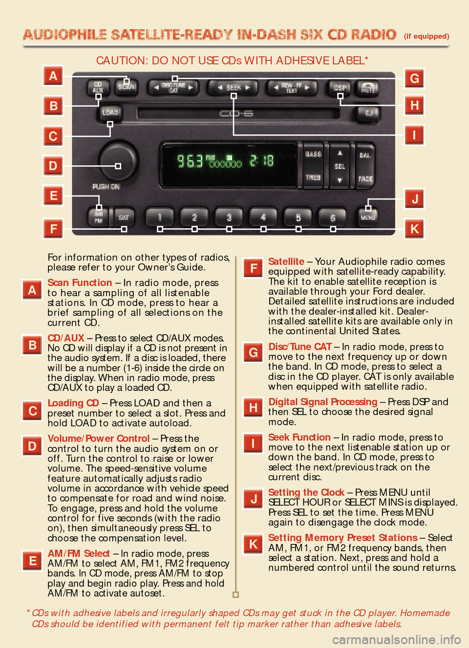 FORD EXPLORER 2005 3.G Quick Reference Guide (if equipped)
For information on other types of radios,
please refer to your Owner’s Guide.
Scan Function– In radio mode, press 
to hear a sampling of all listenable
stations. In CD mode, press to