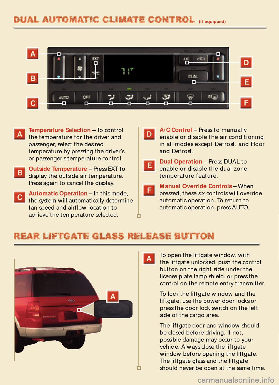 FORD EXPLORER 2005 3.G Quick Reference Guide Temperature Selection– To control 
the temperature for the driver and 
passenger, select the desired 
temperature by pressing the driver’s 
or passenger’s temperature control.
Outside Temperatur