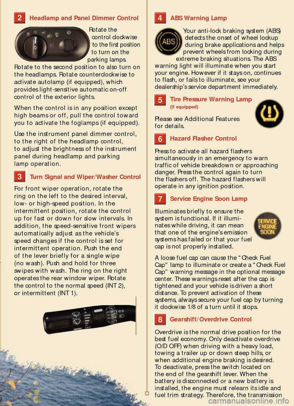 FORD EXPLORER 2005 3.G Quick Reference Guide Headlamp and Panel Dimmer Control  
Rotate the
control clockwise
to the first position
to turn on the
parking lamps.
Rotate to the second position to also turn on
the headlamps. Rotate counterclockwis