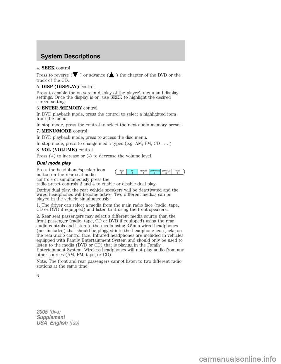 FORD EXPLORER 2005 3.G Rear Seat Entertainment System Manual 4.SEEKcontrol
Press to reverse (
) or advance () the chapter of the DVD or the
track of the CD.
5.DISP (DISPLAY)control
Press to enable the on screen display of the player’s menu and display
setting