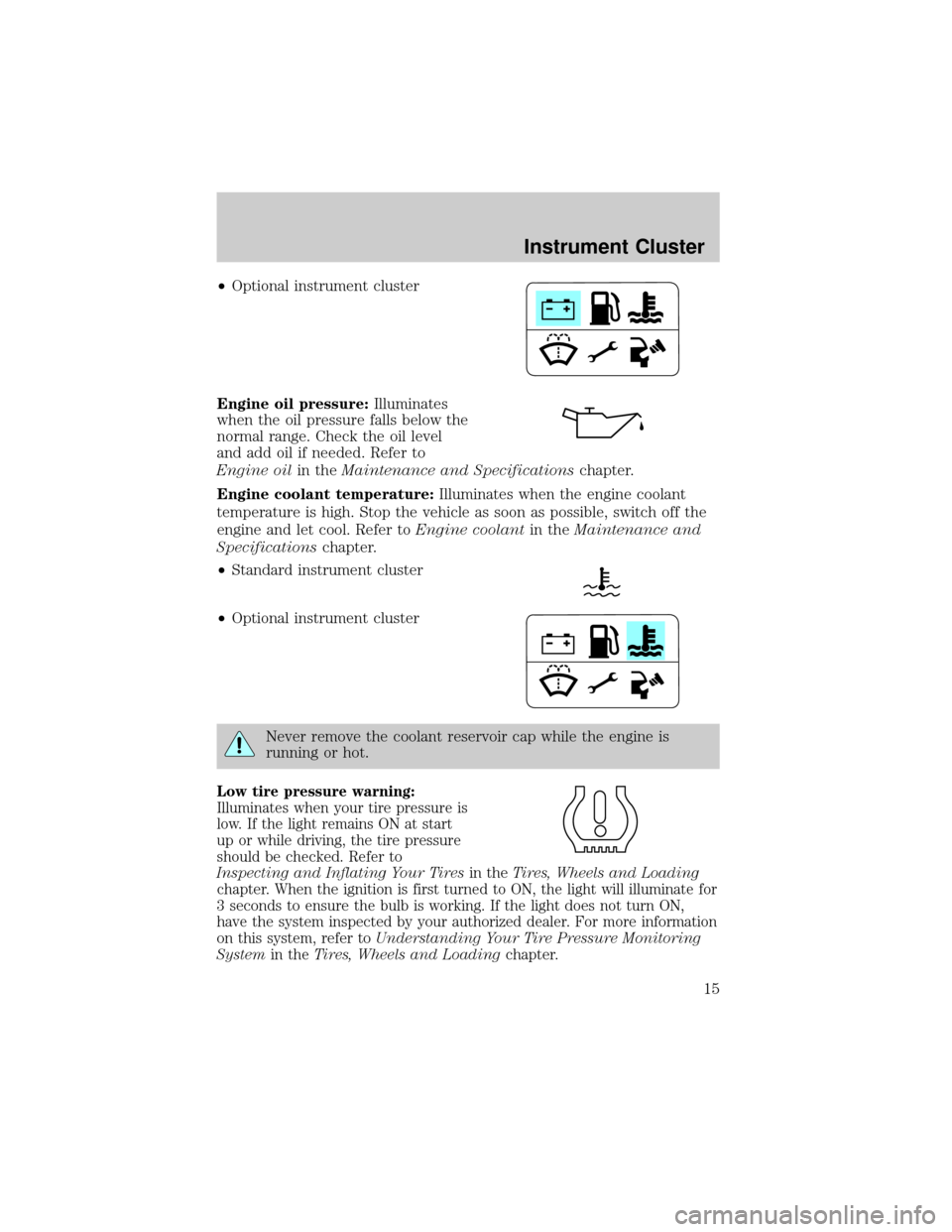 FORD EXPLORER 2006 4.G Owners Manual ²Optional instrument cluster
Engine oil pressure:Illuminates
when the oil pressure falls below the
normal range. Check the oil level
and add oil if needed. Refer to
Engine oilin theMaintenance and Sp