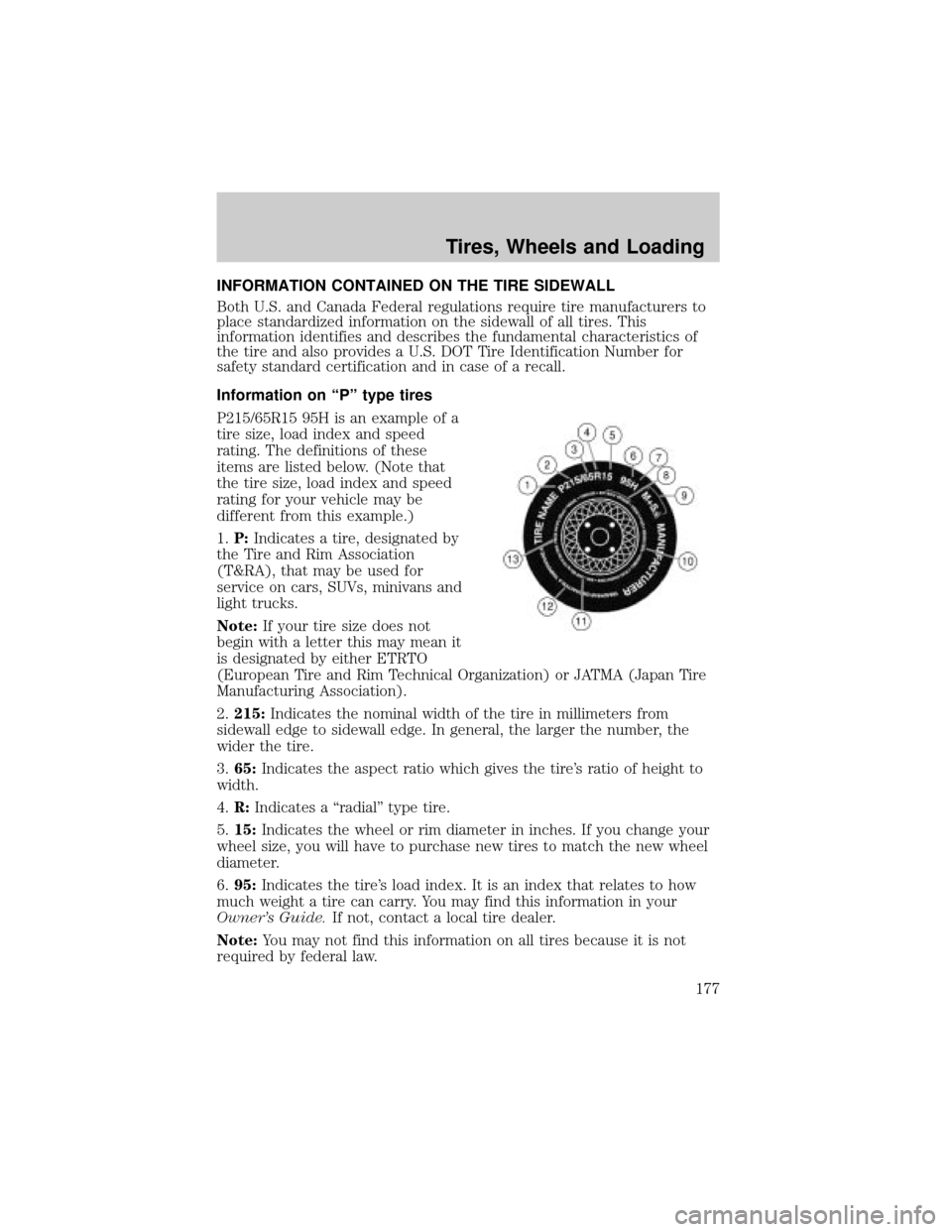 FORD EXPLORER 2006 4.G Owners Manual INFORMATION CONTAINED ON THE TIRE SIDEWALL
Both U.S. and Canada Federal regulations require tire manufacturers to
place standardized information on the sidewall of all tires. This
information identifi