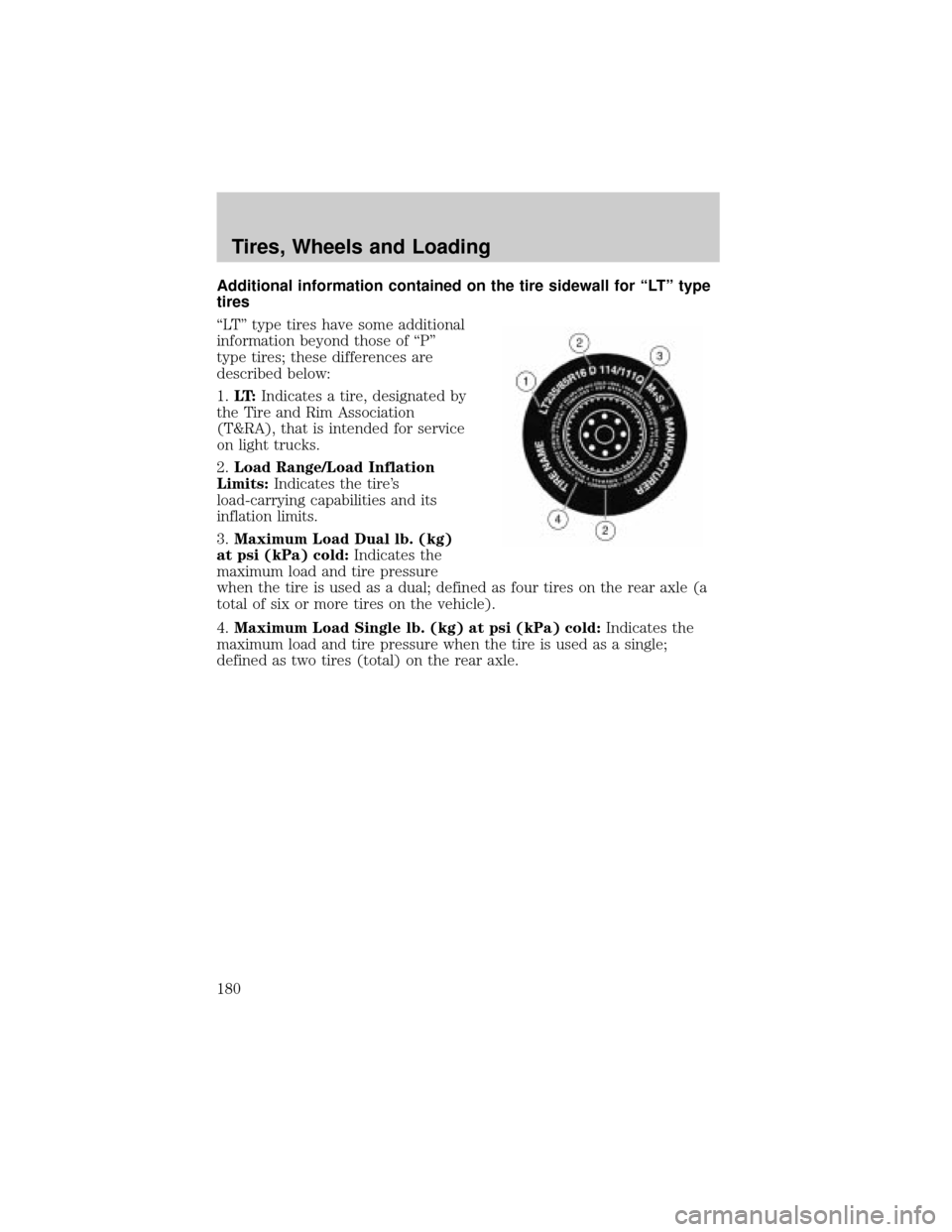 FORD EXPLORER 2006 4.G Owners Manual Additional information contained on the tire sidewall for ªLTº type
tires
ªLTº type tires have some additional
information beyond those of ªPº
type tires; these differences are
described below:
