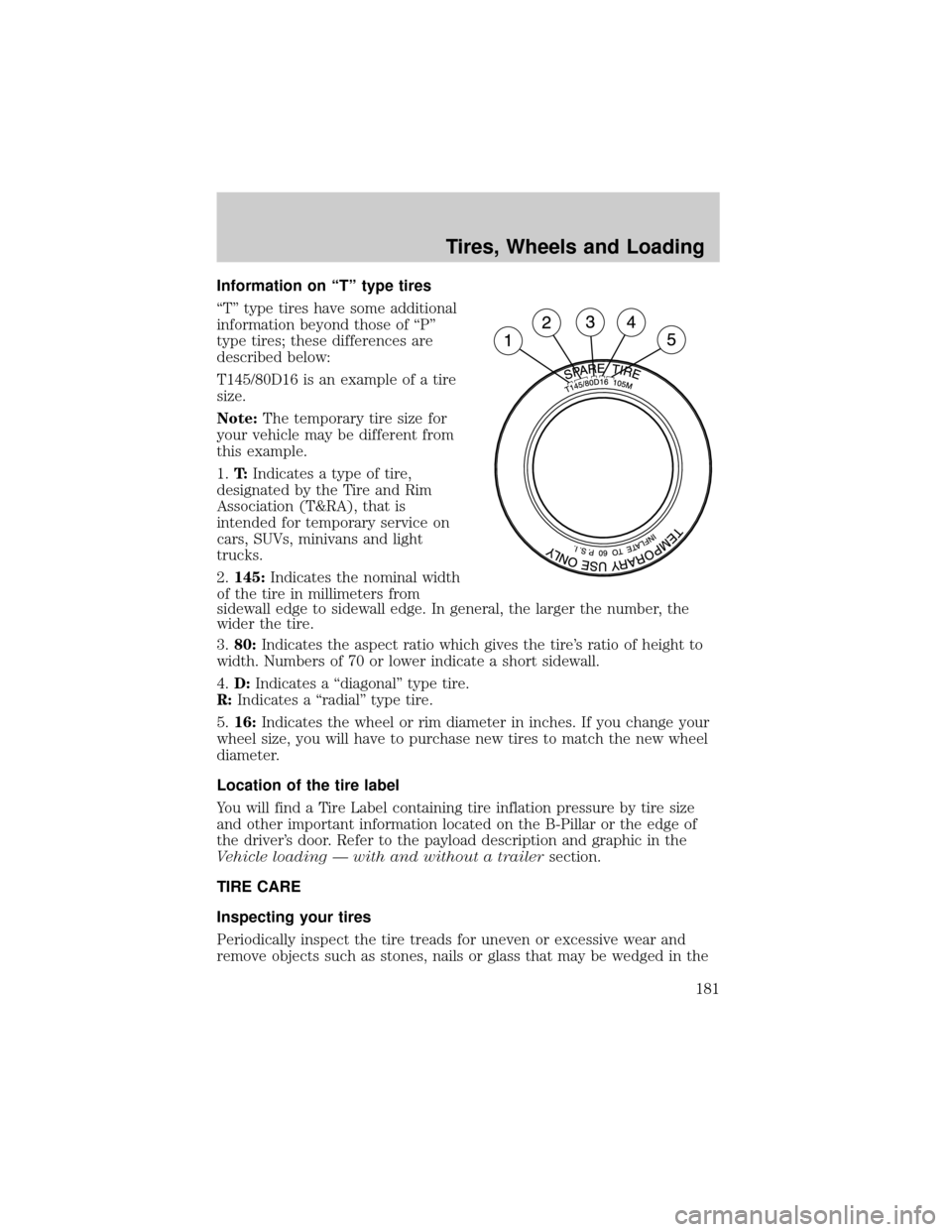 FORD EXPLORER 2006 4.G Owners Manual Information on ªTº type tires
ªTº type tires have some additional
information beyond those of ªPº
type tires; these differences are
described below:
T145/80D16 is an example of a tire
size.
Note