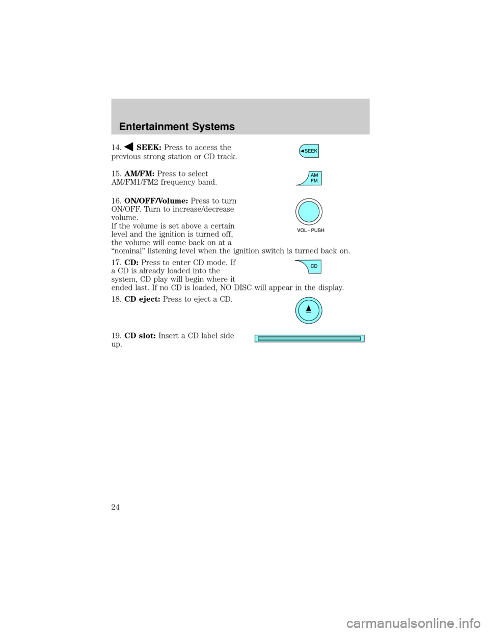 FORD EXPLORER 2006 4.G Owners Manual 14.SEEK:Press to access the
previous strong station or CD track.
15.AM/FM:Press to select
AM/FM1/FM2 frequency band.
16.ON/OFF/Volume:Press to turn
ON/OFF. Turn to increase/decrease
volume.
If the vol