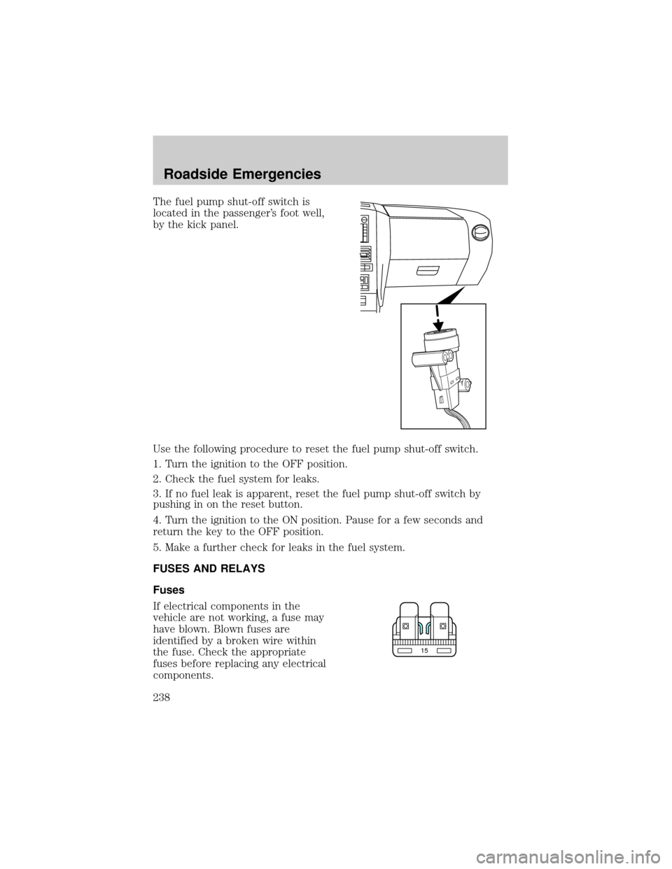 FORD EXPLORER 2006 4.G Owners Manual The fuel pump shut-off switch is
located in the passengers foot well,
by the kick panel.
Use the following procedure to reset the fuel pump shut-off switch.
1. Turn the ignition to the OFF position.
