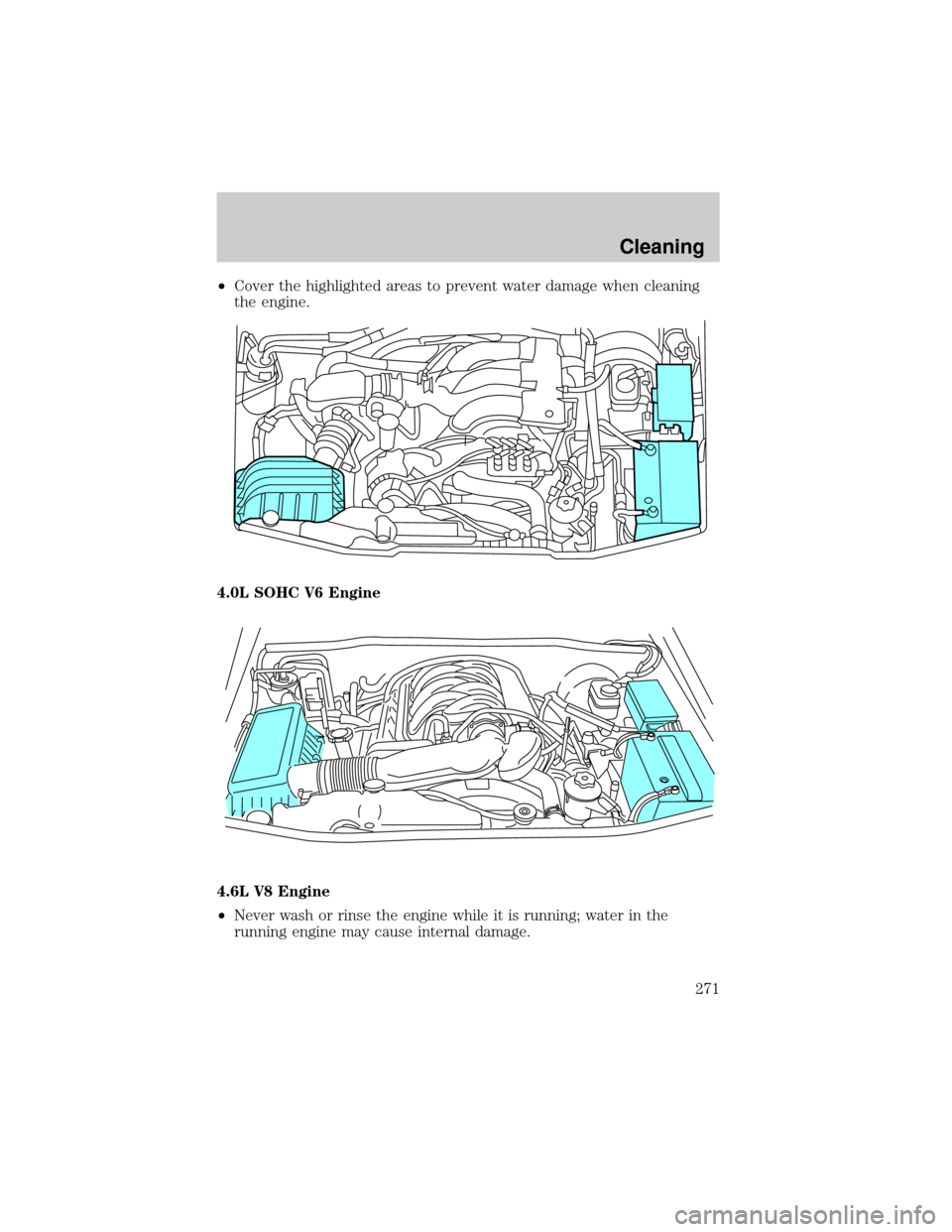 FORD EXPLORER 2006 4.G Owners Manual ²Cover the highlighted areas to prevent water damage when cleaning
the engine.
4.0L SOHC V6 Engine
4.6L V8 Engine
²Never wash or rinse the engine while it is running; water in the
running engine may FORD EXPLORER 2006 4.G Owners Manual ²Cover the highlighted areas to prevent water damage when cleaning
the engine.
4.0L SOHC V6 Engine
4.6L V8 Engine
²Never wash or rinse the engine while it is running; water in the
running engine may