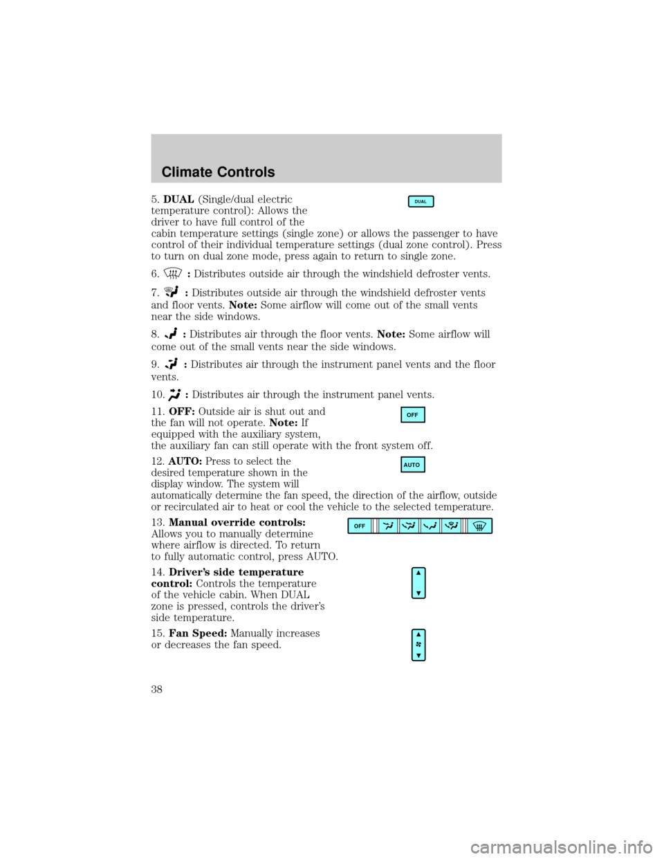 FORD EXPLORER 2006 4.G Owners Manual 5.DUAL(Single/dual electric
temperature control): Allows the
driver to have full control of the
cabin temperature settings (single zone) or allows the passenger to have
control of their individual tem