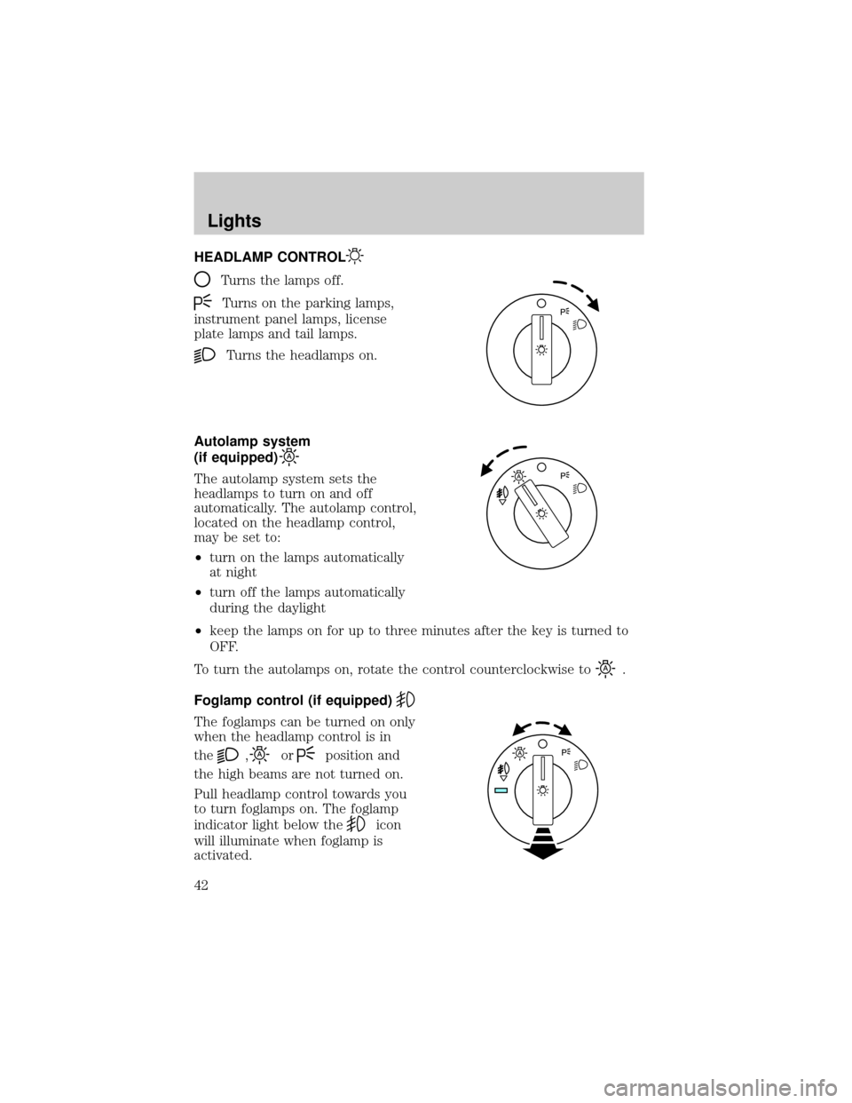 FORD EXPLORER 2006 4.G Service Manual HEADLAMP CONTROL
Turns the lamps off.
Turns on the parking lamps,
instrument panel lamps, license
plate lamps and tail lamps.
Turns the headlamps on.
Autolamp system
(if equipped)
The autolamp system 