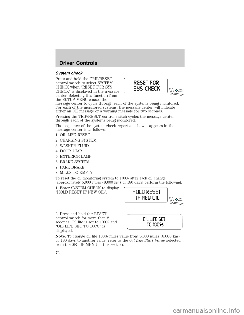 FORD EXPLORER 2006 4.G Manual PDF System check
Press and hold the TRIP/RESET
control switch to select SYSTEM
CHECK when ªRESET FOR SYS
CHECKº is displayed in the message
center. Selecting this function from
the SETUP MENU causes the