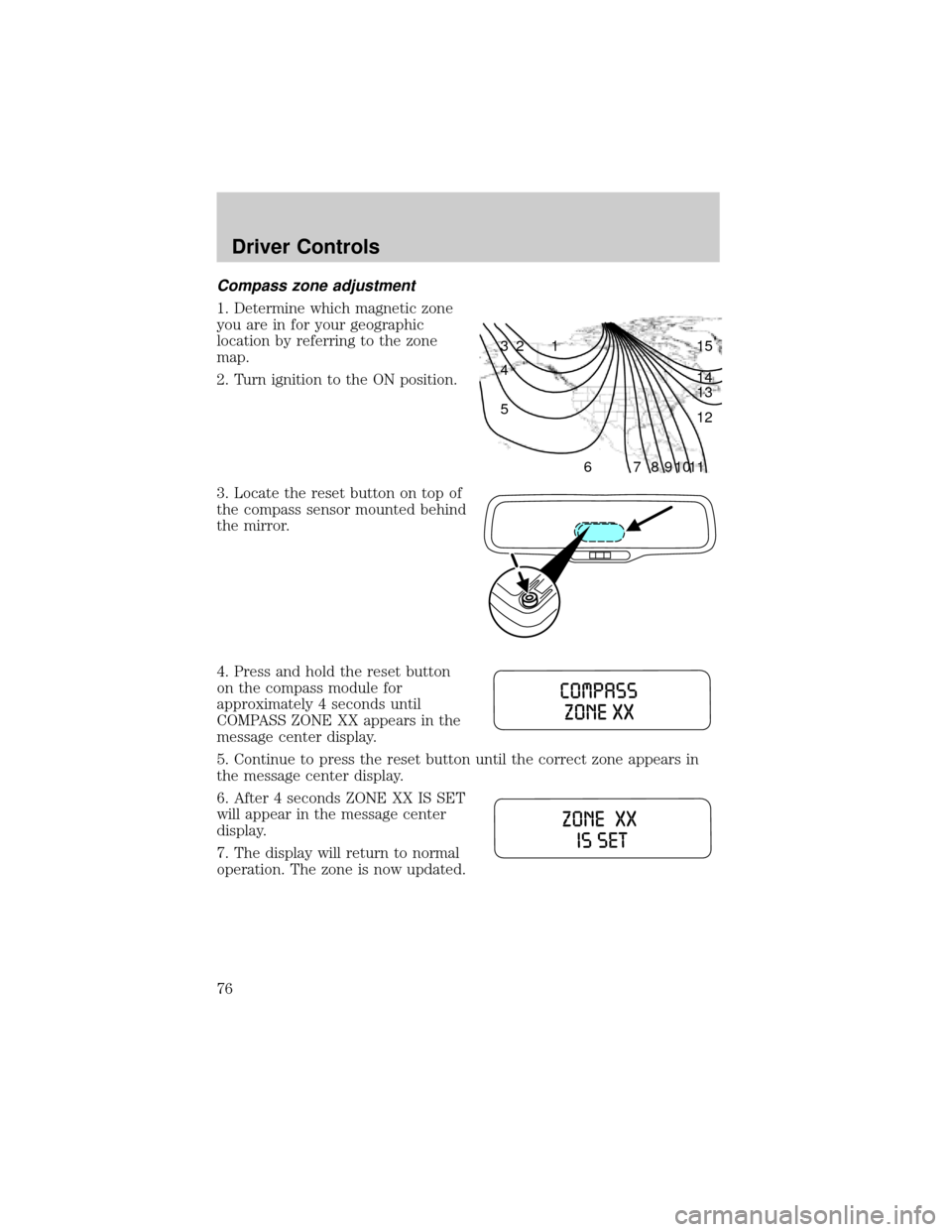 FORD EXPLORER 2006 4.G Owners Manual Compass zone adjustment
1. Determine which magnetic zone
you are in for your geographic
location by referring to the zone
map.
2. Turn ignition to the ON position.
3. Locate the reset button on top of FORD EXPLORER 2006 4.G Owners Manual Compass zone adjustment
1. Determine which magnetic zone
you are in for your geographic
location by referring to the zone
map.
2. Turn ignition to the ON position.
3. Locate the reset button on top of