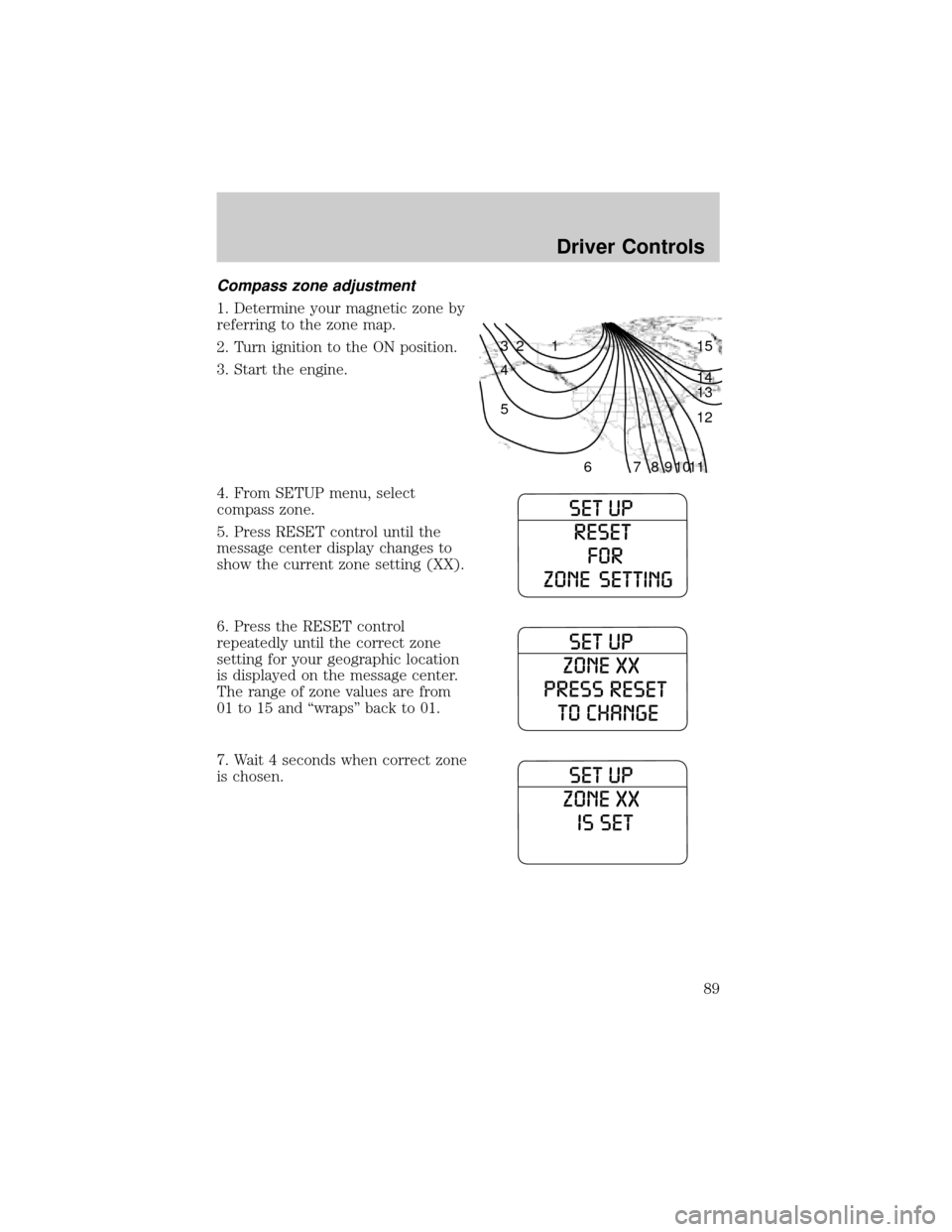 FORD EXPLORER 2006 4.G Manual Online Compass zone adjustment
1. Determine your magnetic zone by
referring to the zone map.
2. Turn ignition to the ON position.
3. Start the engine.
4. From SETUP menu, select
compass zone.
5. Press RESET FORD EXPLORER 2006 4.G Manual Online Compass zone adjustment
1. Determine your magnetic zone by
referring to the zone map.
2. Turn ignition to the ON position.
3. Start the engine.
4. From SETUP menu, select
compass zone.
5. Press RESET