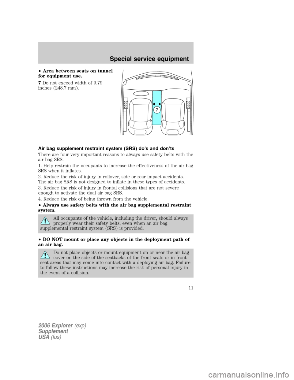 FORD EXPLORER 2006 4.G Severe Duty Supplement Manual •Area between seats on tunnel
for equipment use.
7Do not exceed width of 9.79
inches (248.7 mm).
Air bag supplement restraint system (SRS) do’s and don’ts
There are four very important reasons t