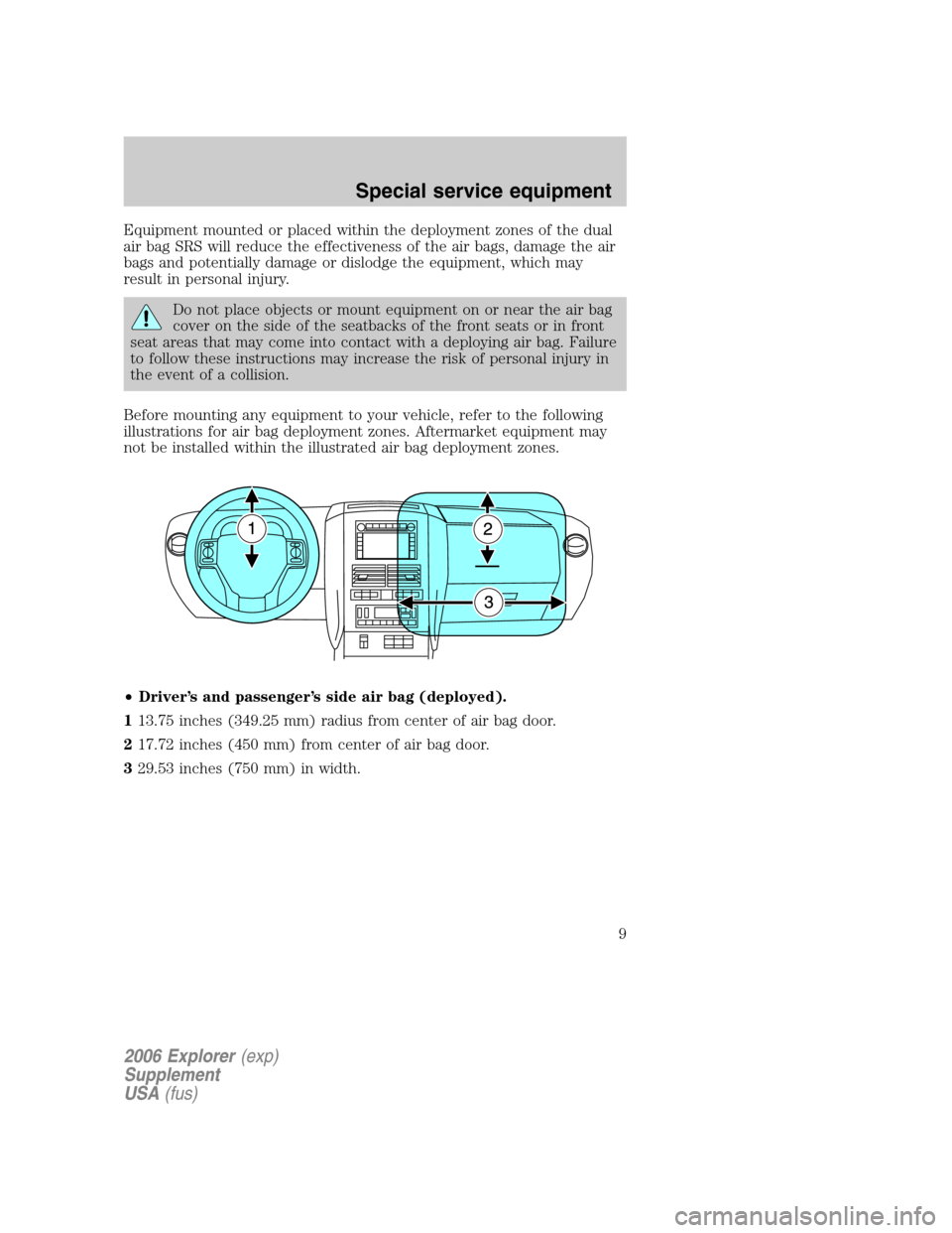 FORD EXPLORER 2006 4.G Severe Duty Supplement Manual Equipment mounted or placed within the deployment zones of the dual
air bag SRS will reduce the effectiveness of the air bags, damage the air
bags and potentially damage or dislodge the equipment, whi